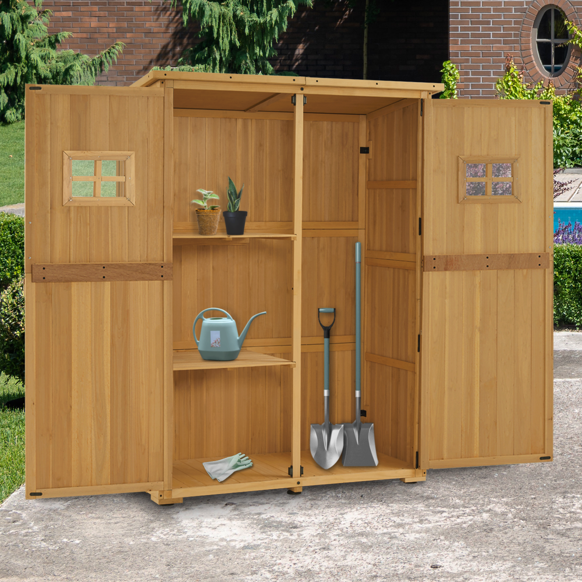 M MCombo Tuinkast Hout, Klein Tuinhuis Weerbestendig, Outdoor Gereedschapsopslag, voor Buiten Balkon Terras, 127×59×168 cm, 0912