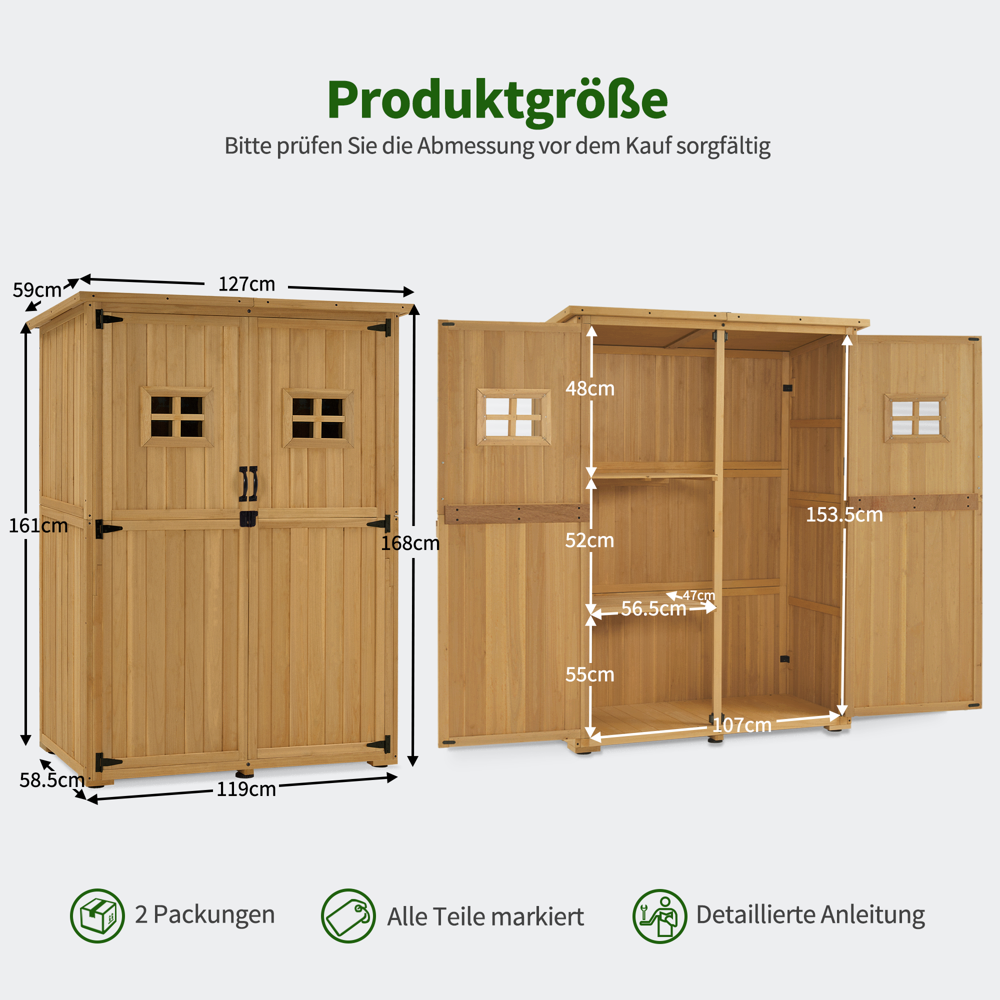 M MCombo Tuinkast Hout, Klein Tuinhuis Weerbestendig, Outdoor Gereedschapsopslag, voor Buiten Balkon Terras, 127×59×168 cm, 0912