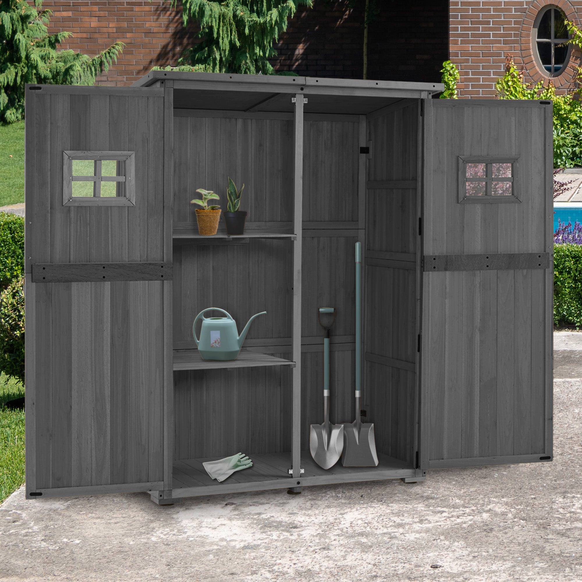 M MCombo Tuinkast Hout, Klein Tuinhuis Weerbestendig, Outdoor Gereedschapsopslag, voor Buiten Balkon Terras, 59×127×168 cm, 0912-F