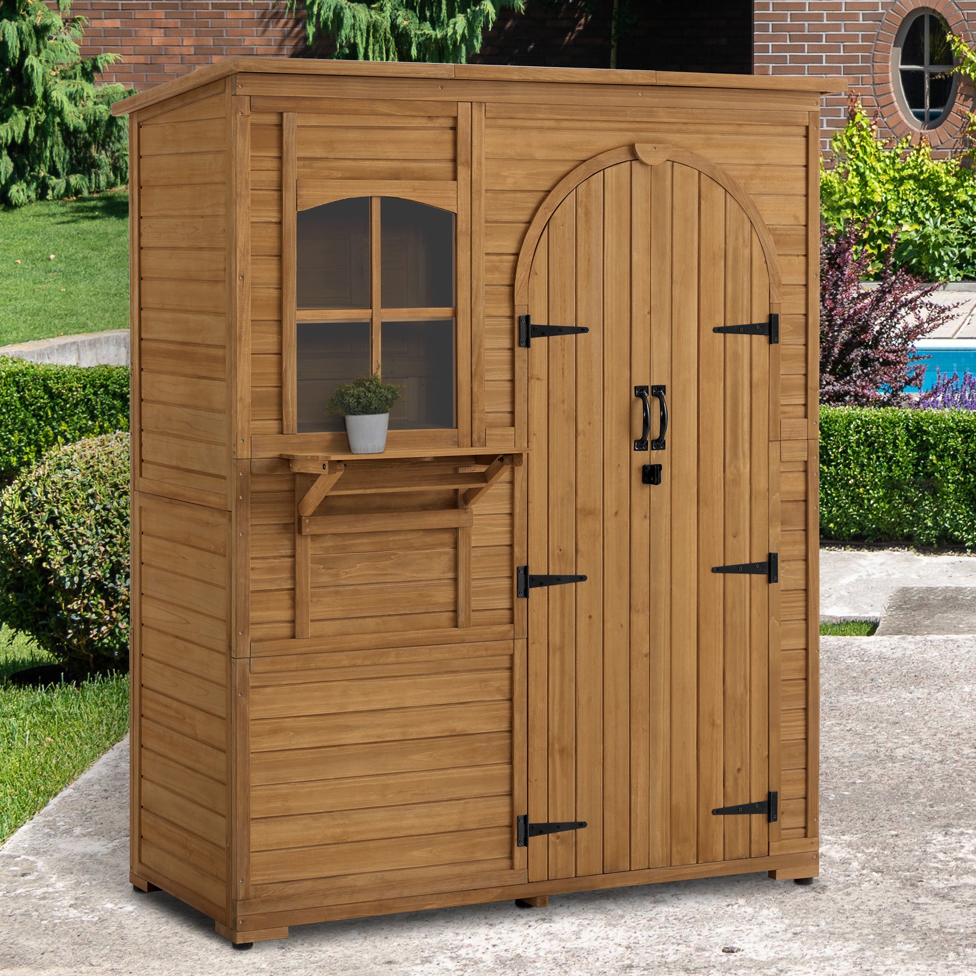 M MCombo Tuinkast Gereedschapschuur Hout Weerbestendig, Tuinhuis Buiten Waterdicht Begehbaar voor Buiten Balkon Terras, Opbergkast met 3 Planken 73×144×185 cm 0926D (Natuurlijk)