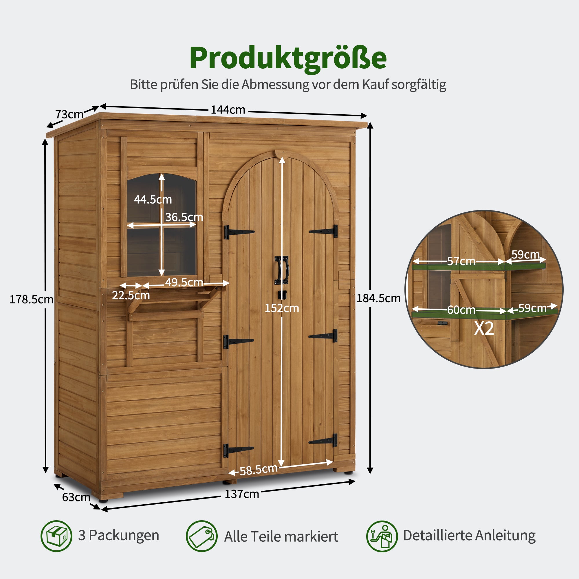 M MCombo Tuinkast Gereedschapschuur Hout Weerbestendig, Tuinhuis Buiten Waterdicht Begehbaar voor Buiten Balkon Terras, Opbergkast met 3 Planken 73×144×185 cm 0926D (Natuurlijk)