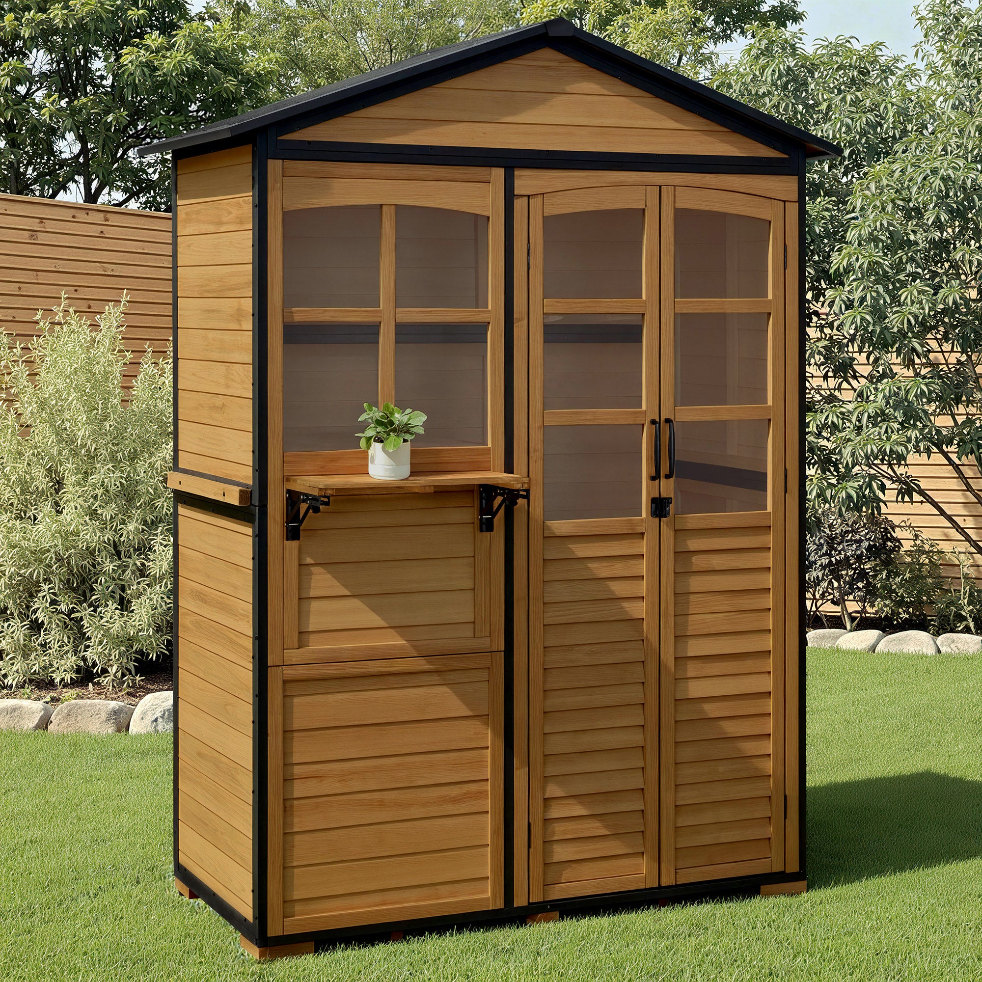 M MCombo Tuinkast Hout Metalen Frame met 3 Planken, Weerbestendige Tuinschuur, Tuinhuisje Buiten Waterdicht, Opbergkast voor Buiten, Tuin & Terras 74x145x200cm, 0937