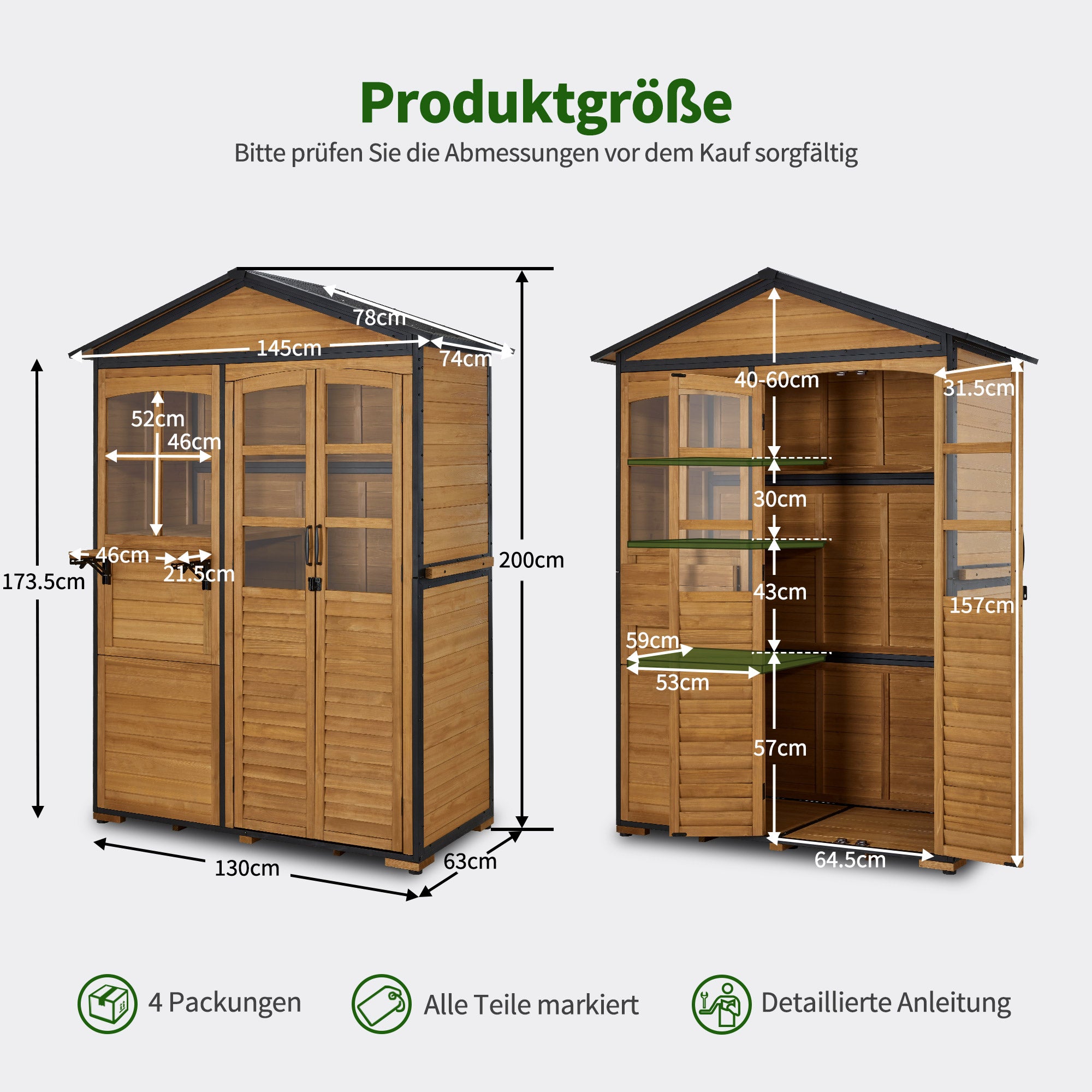 M MCombo Tuinkast Hout Metalen Frame met 3 Planken, Weerbestendige Tuinschuur, Tuinhuisje Buiten Waterdicht, Opbergkast voor Buiten, Tuin & Terras 74x145x200cm, 0937