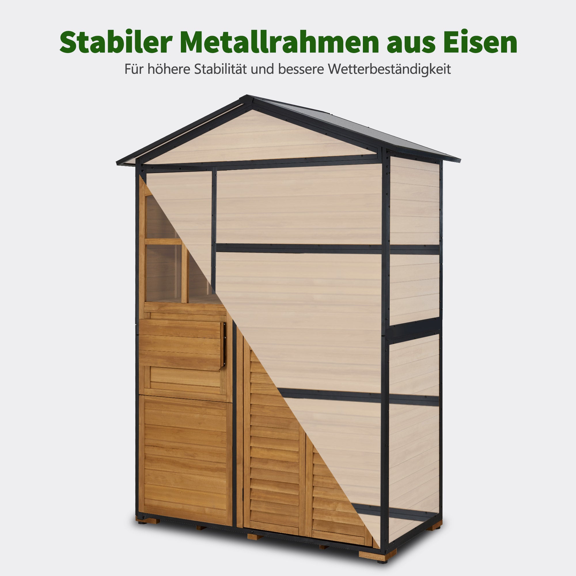 M MCombo Tuinkast Hout Metalen Frame met 3 Planken, Weerbestendige Tuinschuur, Tuinhuisje Buiten Waterdicht, Opbergkast voor Buiten, Tuin & Terras 74x145x200cm, 0937