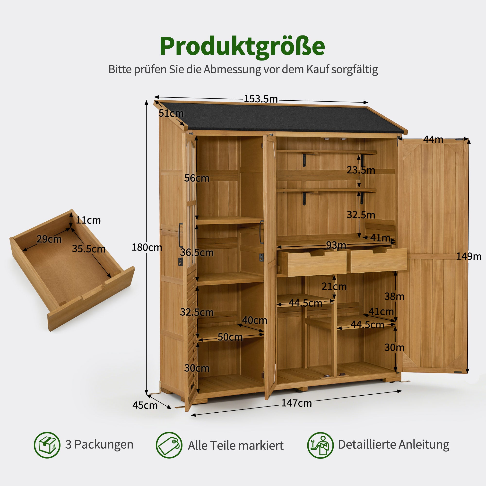 M MCombo tuinkast van hout met 7 planken en 2 lades, weerbestendige gereedschapsschuur, waterdichte buitenberging, gereedschapshuis voor buiten, tuin en terras, 0982 (Natuur)