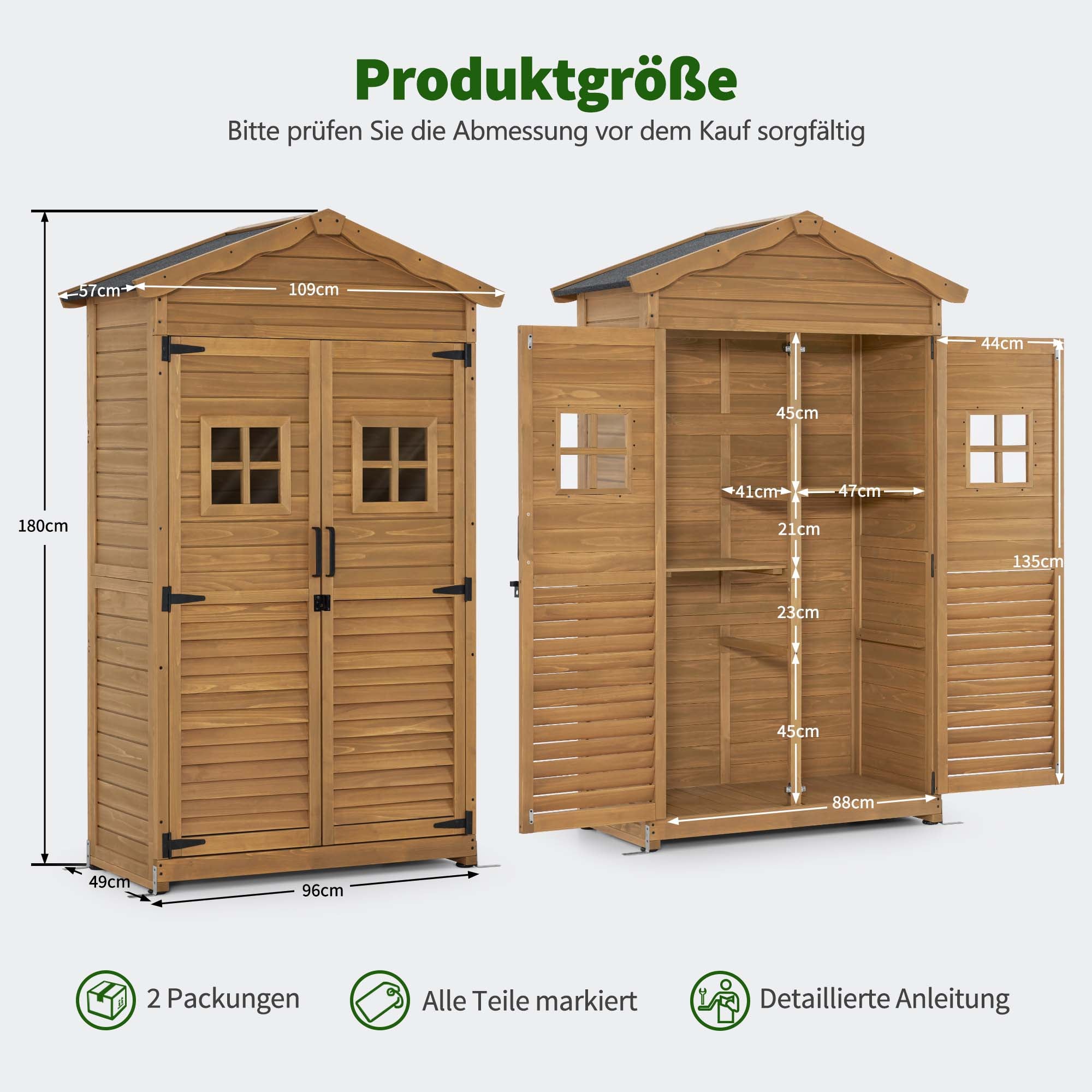 MCombo  Casetta da giardino in legno, resistente alle intemperie, per attrezzi, ripostiglio esterno, per giardino e patio, con 2 ripiani mobili, 57×109×180 cm, 1152 (Naturale)