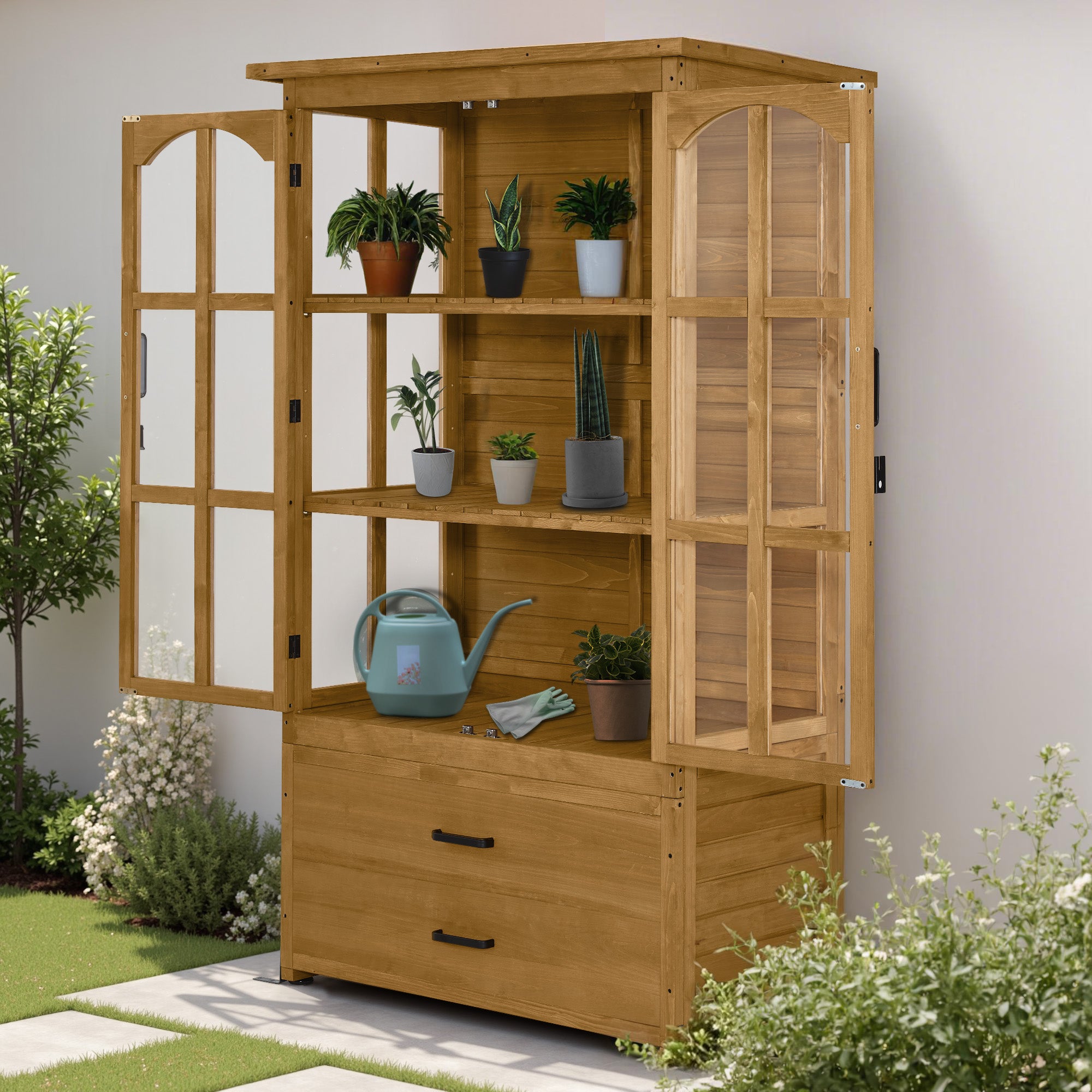 MCombo  Casetta da giardino in legno, resistente alle intemperie, per attrezzi, ripostiglio esterno, ideale per balcone, patio, con 2 ripiani mobili, 58×107×180 cm, 1155 (Naturale)