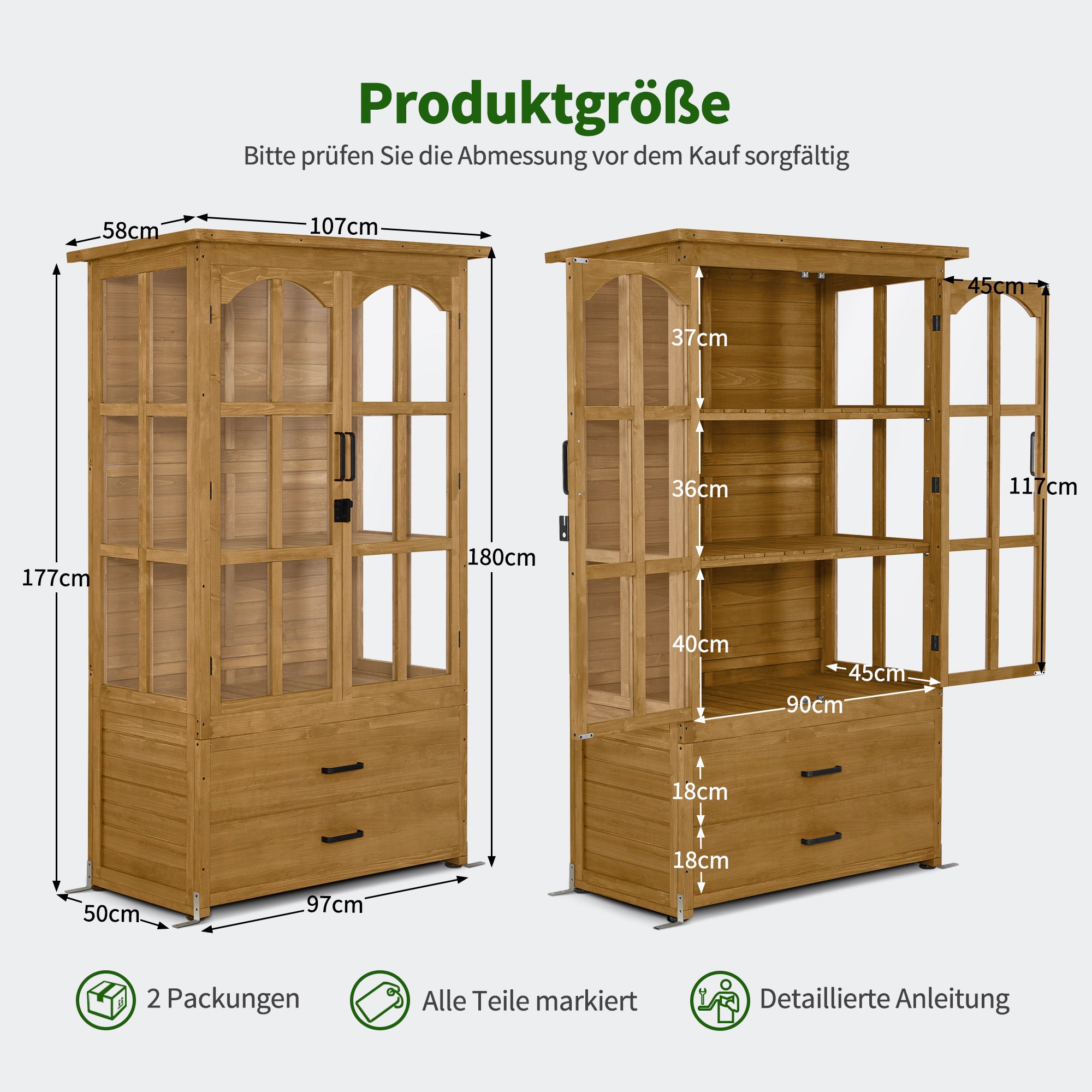MCombo  Casetta da giardino in legno, resistente alle intemperie, per attrezzi, ripostiglio esterno, ideale per balcone, patio, con 2 ripiani mobili, 58×107×180 cm, 1155 (Naturale)