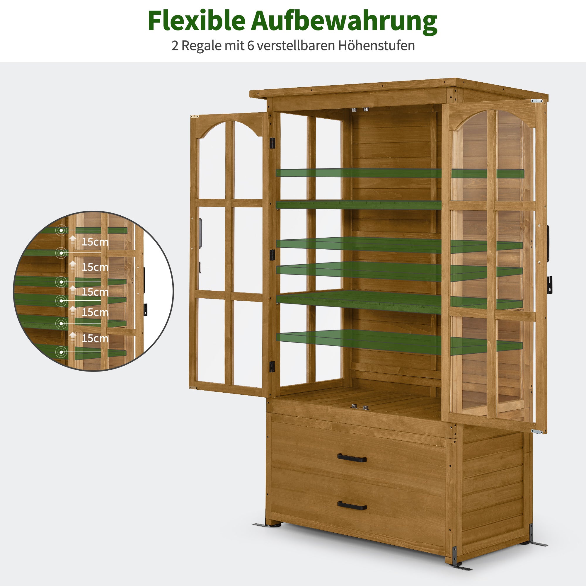 MCombo  Casetta da giardino in legno, resistente alle intemperie, per attrezzi, ripostiglio esterno, ideale per balcone, patio, con 2 ripiani mobili, 58×107×180 cm, 1155 (Naturale)