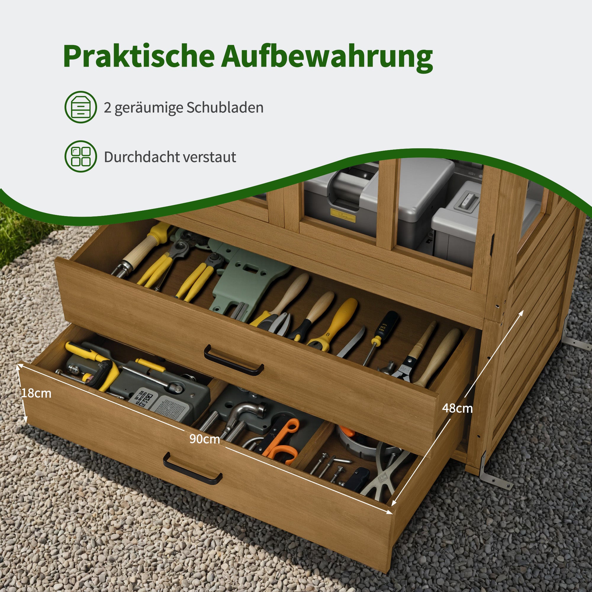 MCombo  Casetta da giardino in legno, resistente alle intemperie, per attrezzi, ripostiglio esterno, ideale per balcone, patio, con 2 ripiani mobili, 58×107×180 cm, 1155 (Naturale)