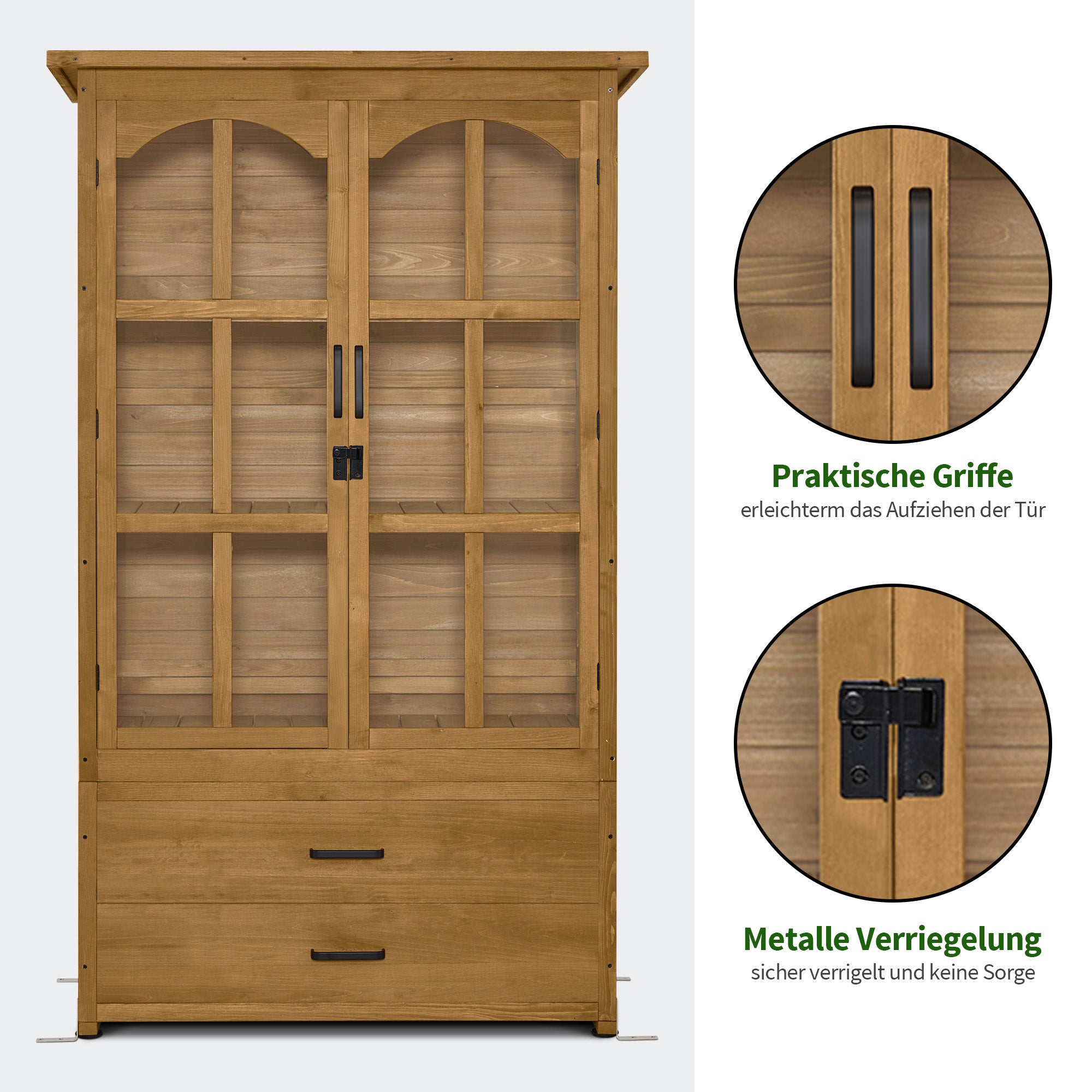MCombo  Casetta da giardino in legno, resistente alle intemperie, per attrezzi, ripostiglio esterno, ideale per balcone, patio, con 2 ripiani mobili, 58×107×180 cm, 1155 (Naturale)
