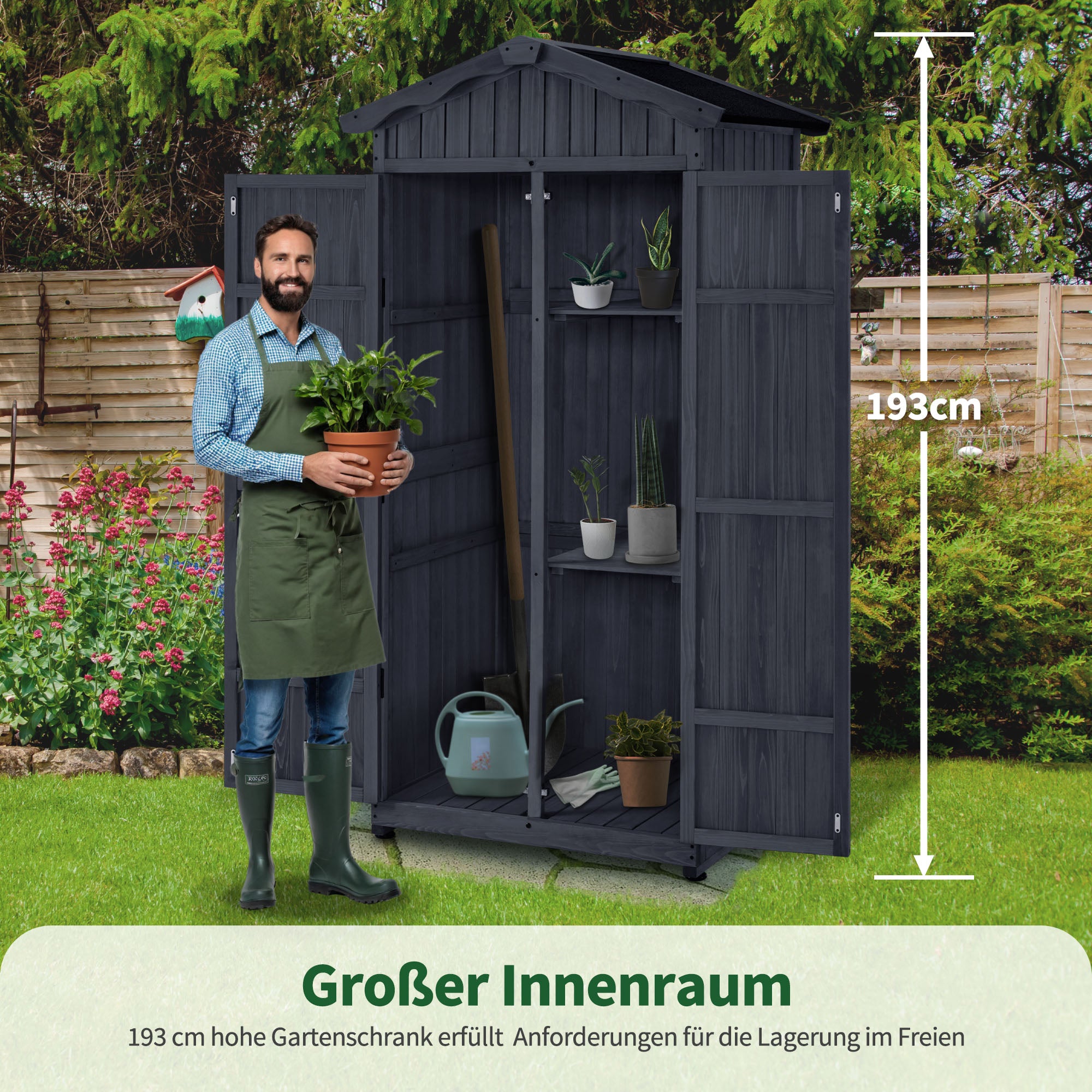 M MCombo Gartenschrank Gartenhuis Hout Weerbestendig, Outdoor Waterdichte Kast met Bodem, voor Buiten Balkon Terras, Opbergkast met 2 Verplaatsbare Planken 74×99×193 cm, 1165 (Antracietgrijs)