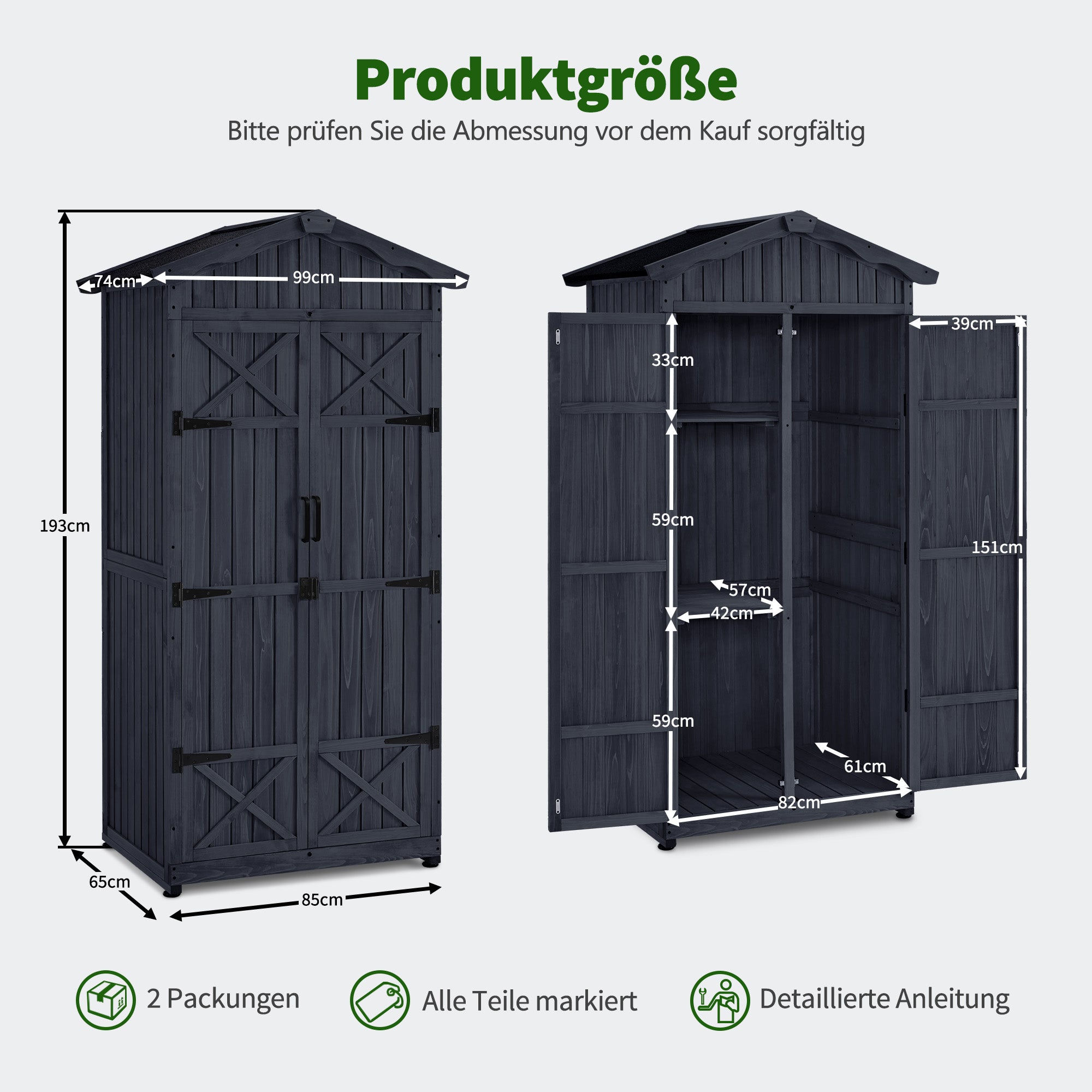 M MCombo Gartenschrank Gartenhuis Hout Weerbestendig, Outdoor Waterdichte Kast met Bodem, voor Buiten Balkon Terras, Opbergkast met 2 Verplaatsbare Planken 74×99×193 cm, 1165 (Antracietgrijs)