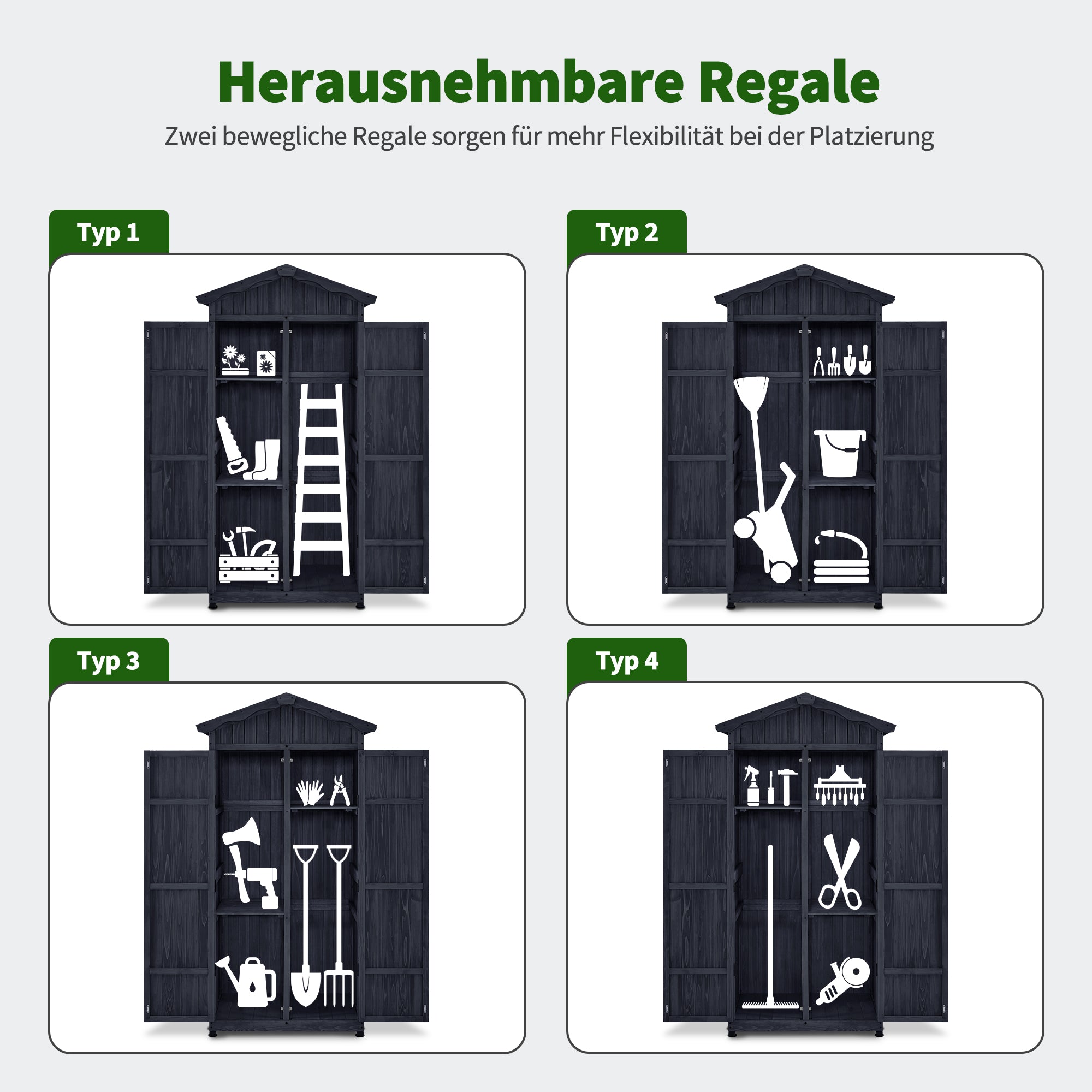 M MCombo Gartenschrank Gartenhuis Hout Weerbestendig, Outdoor Waterdichte Kast met Bodem, voor Buiten Balkon Terras, Opbergkast met 2 Verplaatsbare Planken 74×99×193 cm, 1165 (Antracietgrijs)