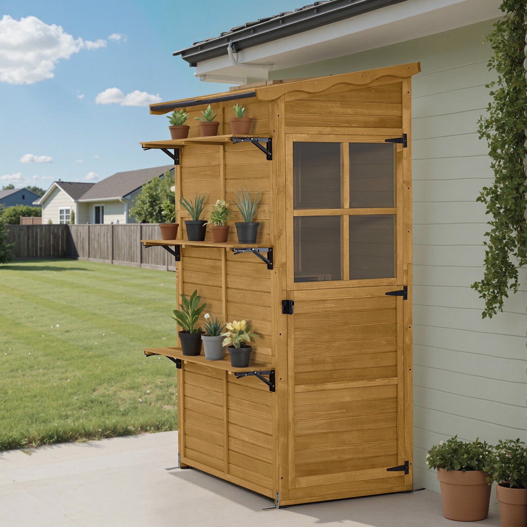 MCombo  Casetta da giardino in legno, resistente alle intemperie, ripostiglio esterno, cabina porta attrezzi, per esterni, balcone e patio, con 3 ripiani fissi, 120×86×201 cm, 1753 (Naturale)