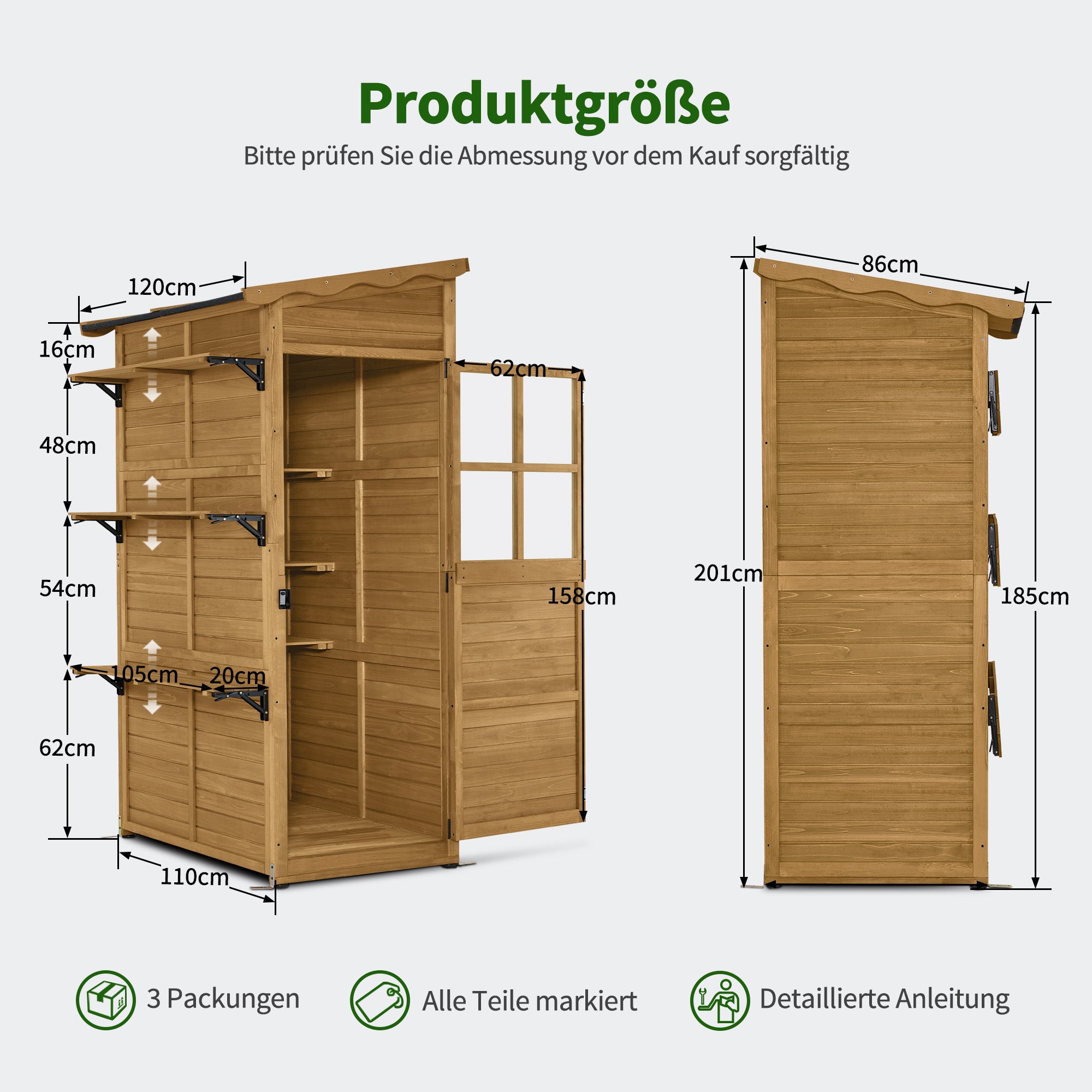 MCombo  Casetta da giardino in legno, resistente alle intemperie, ripostiglio esterno, cabina porta attrezzi, per esterni, balcone e patio, con 3 ripiani fissi, 120×86×201 cm, 1753 (Naturale)
