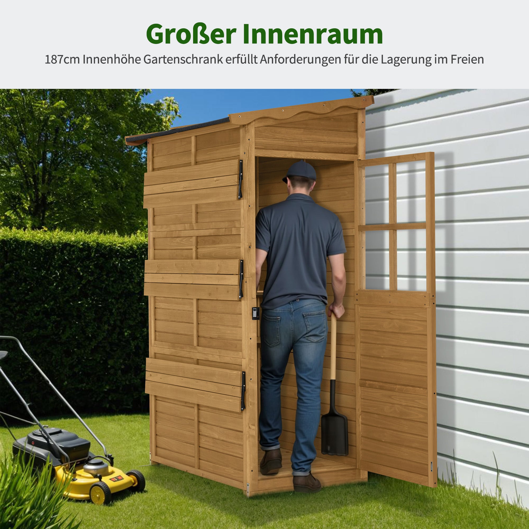 MCombo  Casetta da giardino in legno, resistente alle intemperie, ripostiglio esterno, cabina porta attrezzi, per esterni, balcone e patio, con 3 ripiani fissi, 120×86×201 cm, 1753 (Naturale)