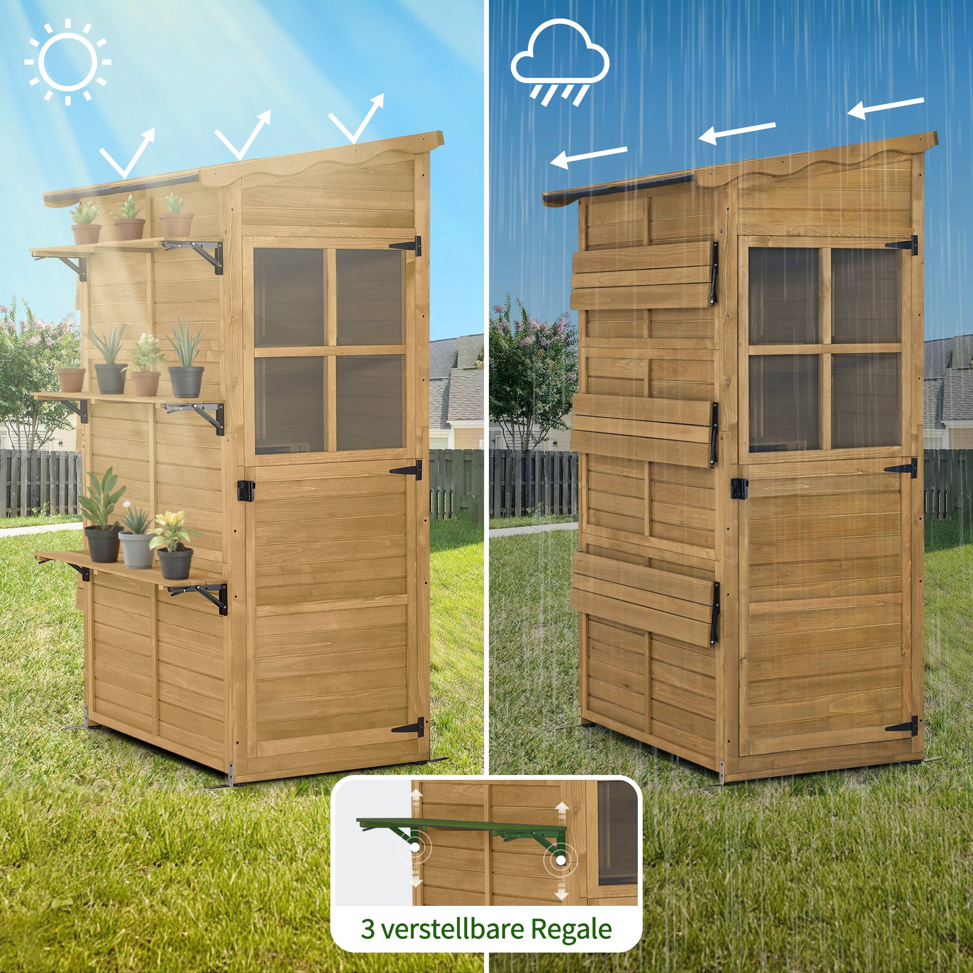 MCombo  Casetta da giardino in legno, resistente alle intemperie, ripostiglio esterno, cabina porta attrezzi, per esterni, balcone e patio, con 3 ripiani fissi, 120×86×201 cm, 1753 (Naturale)