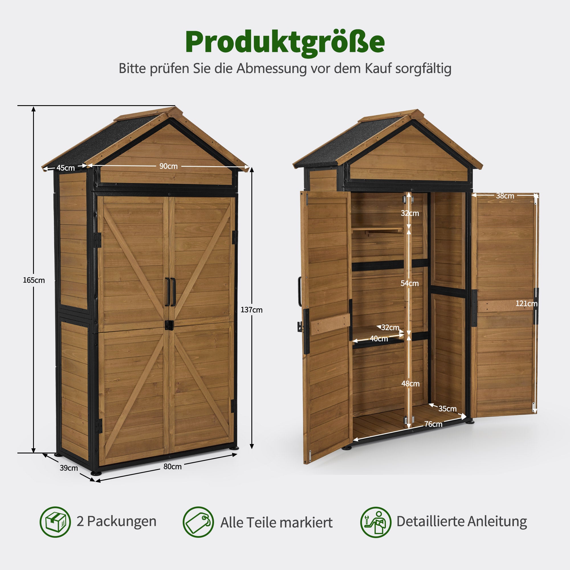 MCombo  Casetta da giardino, struttura in legno e metallo, resistente alle intemperie, ripostiglio esterno per giardino, patio, con 2 ripiani mobili, 45×90×165 cm, 2736