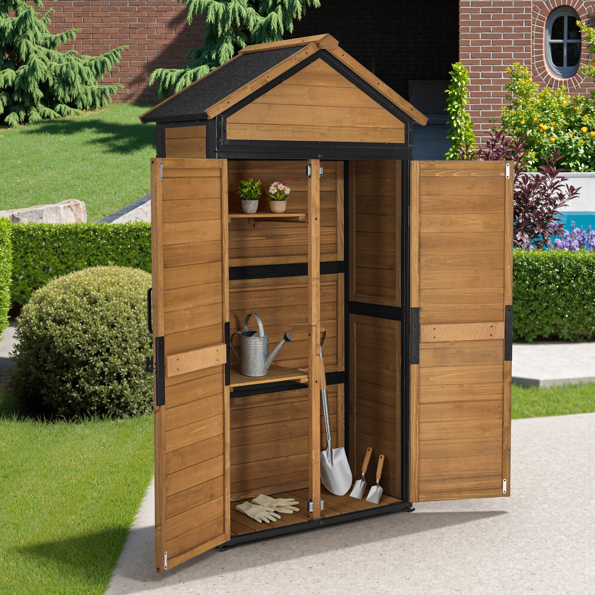 MCombo  Casetta da giardino, struttura in legno e metallo, resistente alle intemperie, ripostiglio esterno per giardino, patio, con 2 ripiani mobili, 45×90×165 cm, 2736