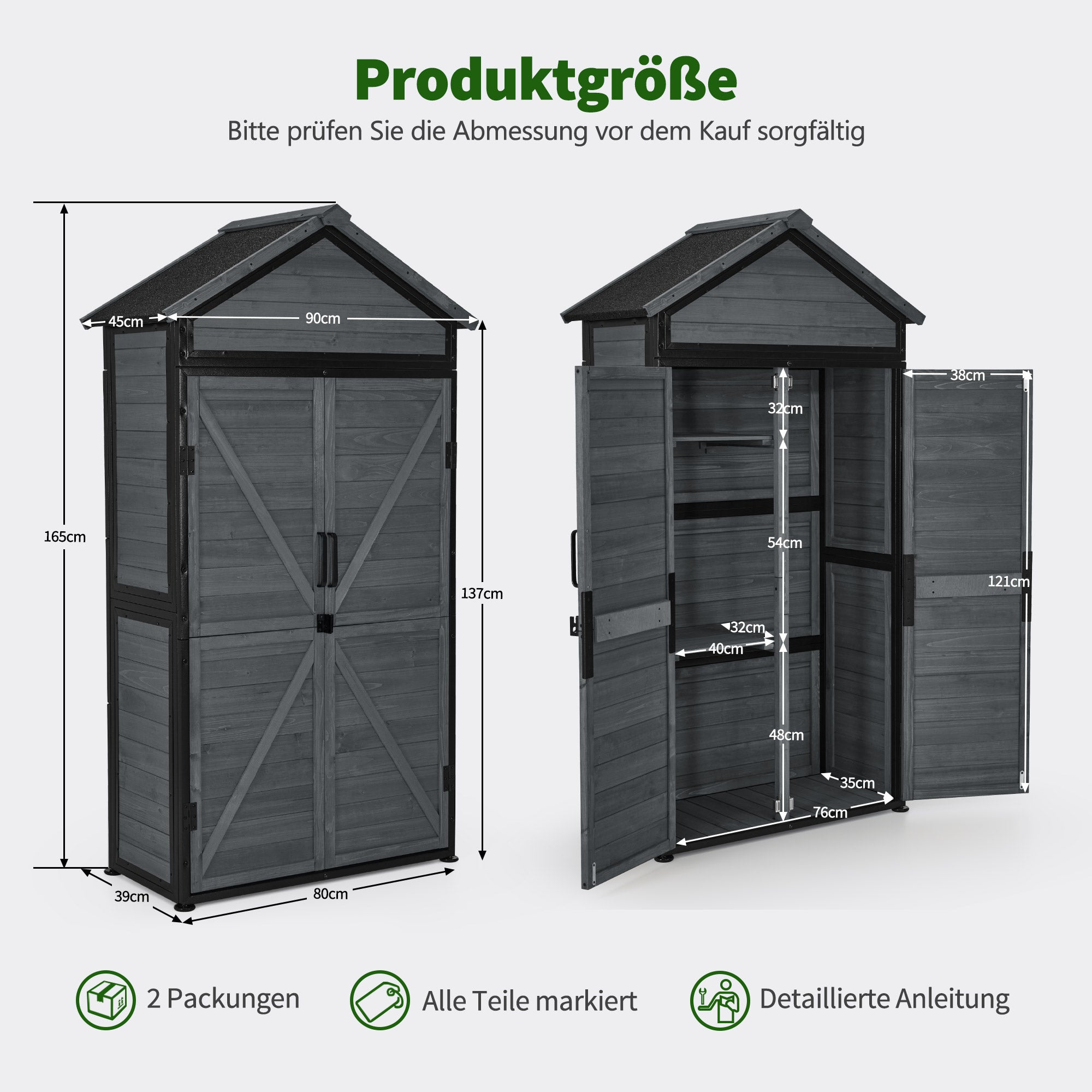 MCombo  Casetta da giardino, struttura in legno e metallo, resistente alle intemperie, ripostiglio esterno per giardino, patio, con 2 ripiani mobili, 45×90×165 cm, 2736