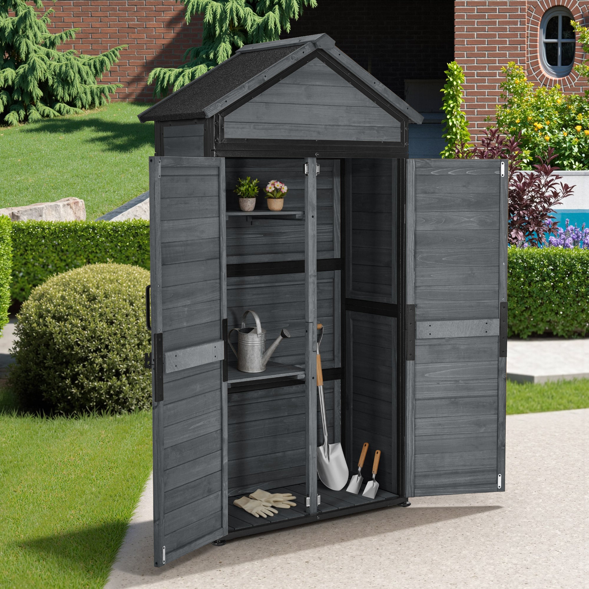 MCombo  Casetta da giardino, struttura in legno e metallo, resistente alle intemperie, ripostiglio esterno per giardino, patio, con 2 ripiani mobili, 45×90×165 cm, 2736