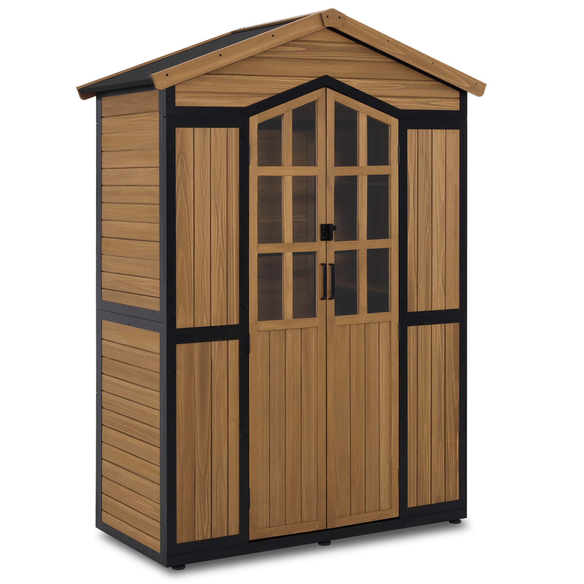 M MCombo Gartenschrank Holz Metgallgestell met 6 planken, gereedschapschuur weerbestendig, tuinhuis buiten waterdicht, opbergkast voor buiten, tuin & terras, 2749 (Natuur)