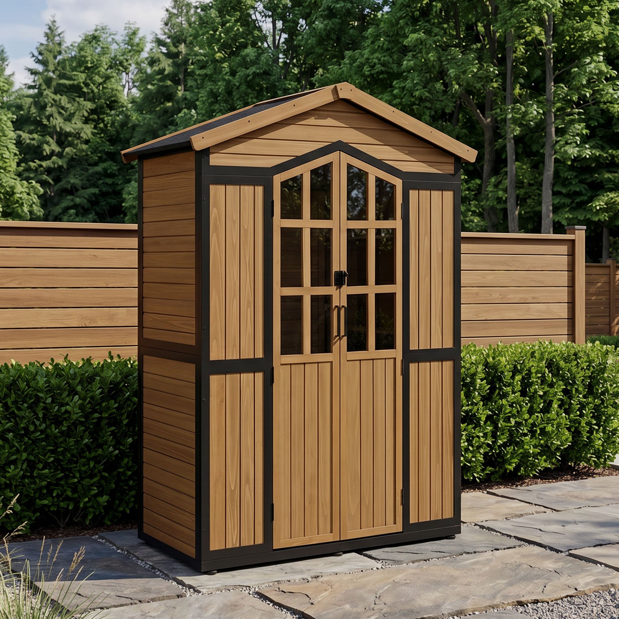 M MCombo Gartenschrank Holz Metgallgestell met 6 planken, gereedschapschuur weerbestendig, tuinhuis buiten waterdicht, opbergkast voor buiten, tuin & terras, 2749 (Natuur)