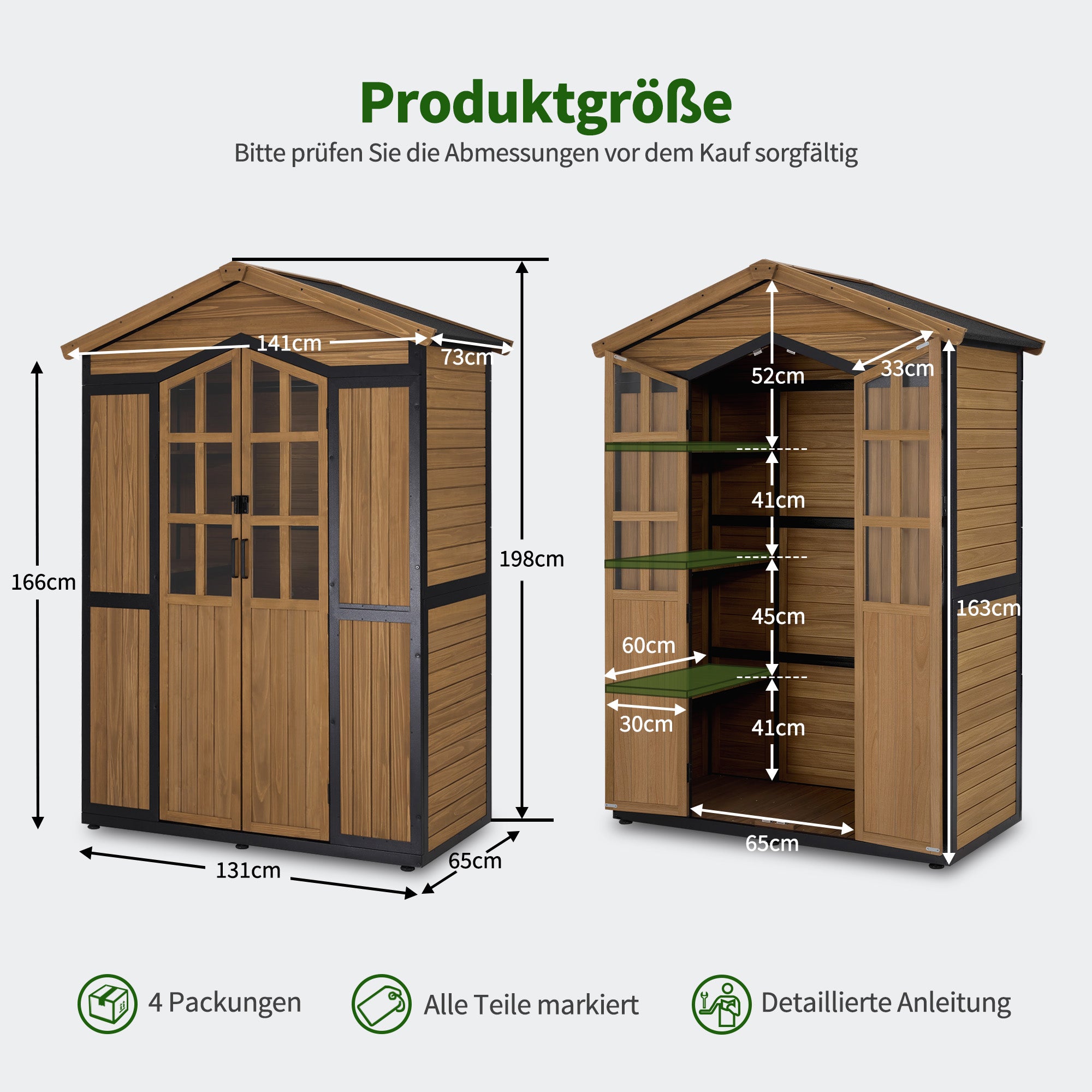M MCombo Gartenschrank Holz Metgallgestell met 6 planken, gereedschapschuur weerbestendig, tuinhuis buiten waterdicht, opbergkast voor buiten, tuin & terras, 2749 (Natuur)