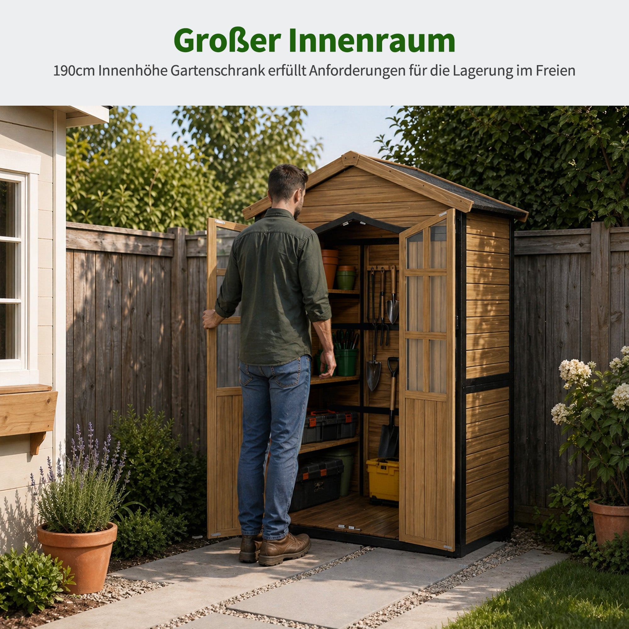 M MCombo Gartenschrank Holz Metgallgestell met 6 planken, gereedschapschuur weerbestendig, tuinhuis buiten waterdicht, opbergkast voor buiten, tuin & terras, 2749 (Natuur)