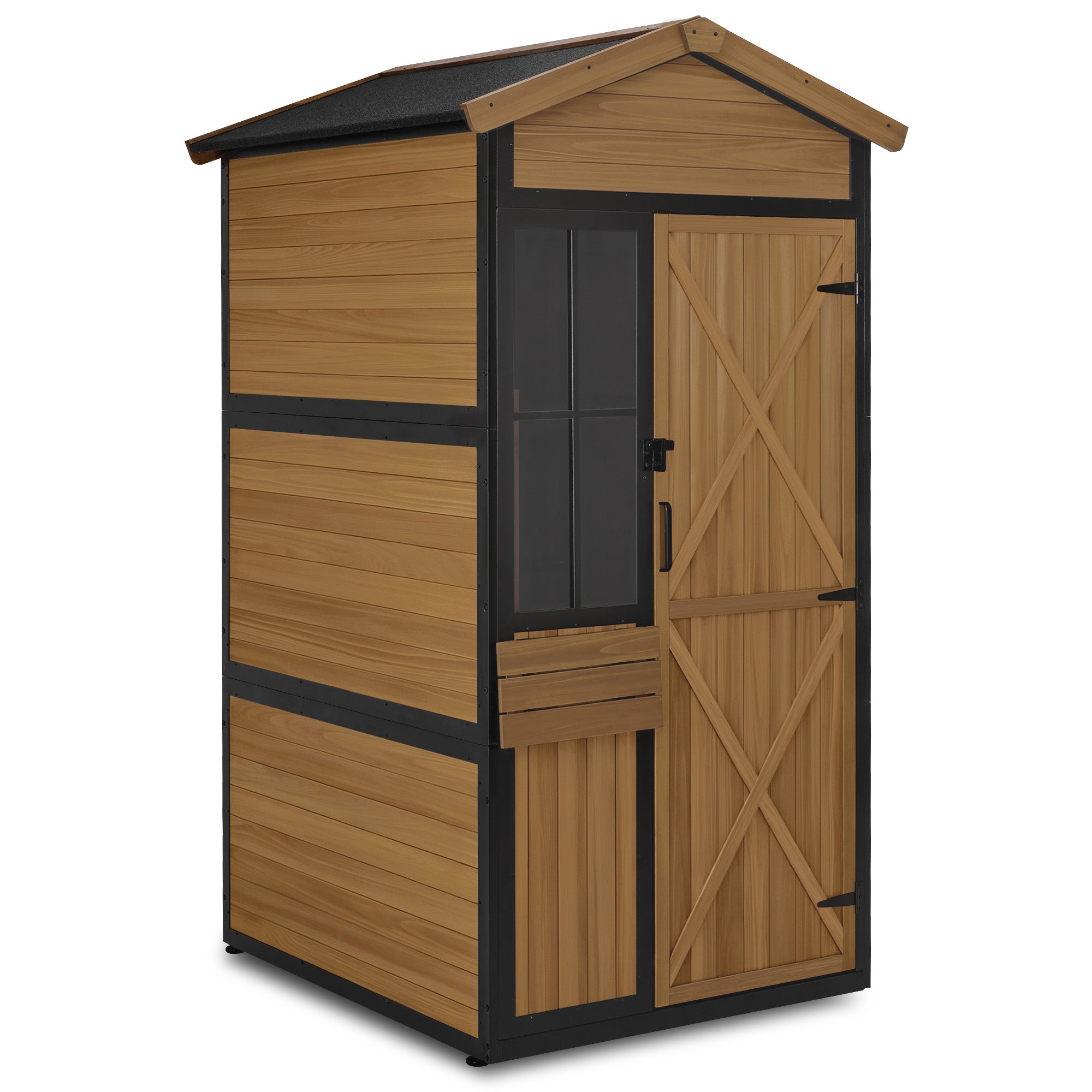M MCombo Gartenschrank van hout met metalen frame en 3 planken, weerbestendige gereedschuur, tuinhuis voor buiten, waterdicht, opbergkast voor buiten, tuin & terras, 2750 (Natuurlijk)
