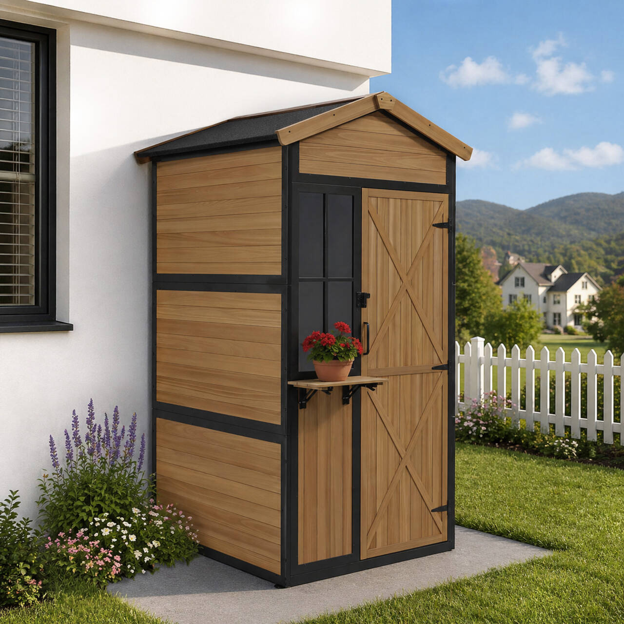 M MCombo Gartenschrank van hout met metalen frame en 3 planken, weerbestendige gereedschuur, tuinhuis voor buiten, waterdicht, opbergkast voor buiten, tuin & terras, 2750 (Natuurlijk)
