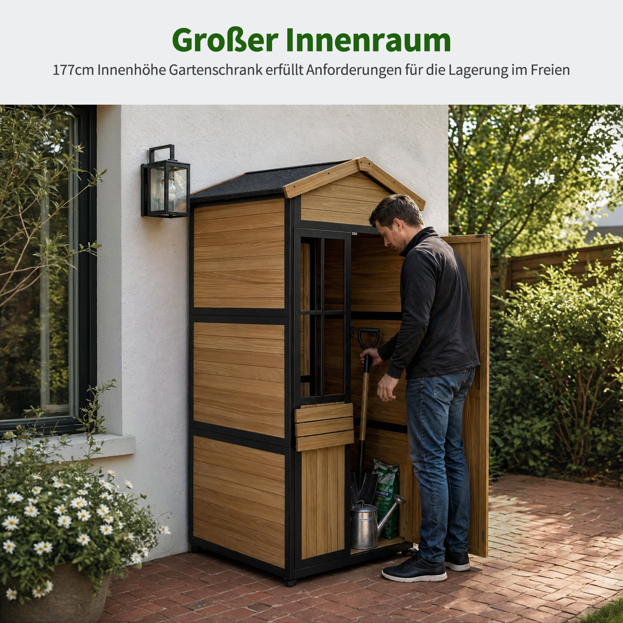 M MCombo Gartenschrank van hout met metalen frame en 3 planken, weerbestendige gereedschuur, tuinhuis voor buiten, waterdicht, opbergkast voor buiten, tuin & terras, 2750 (Natuurlijk)