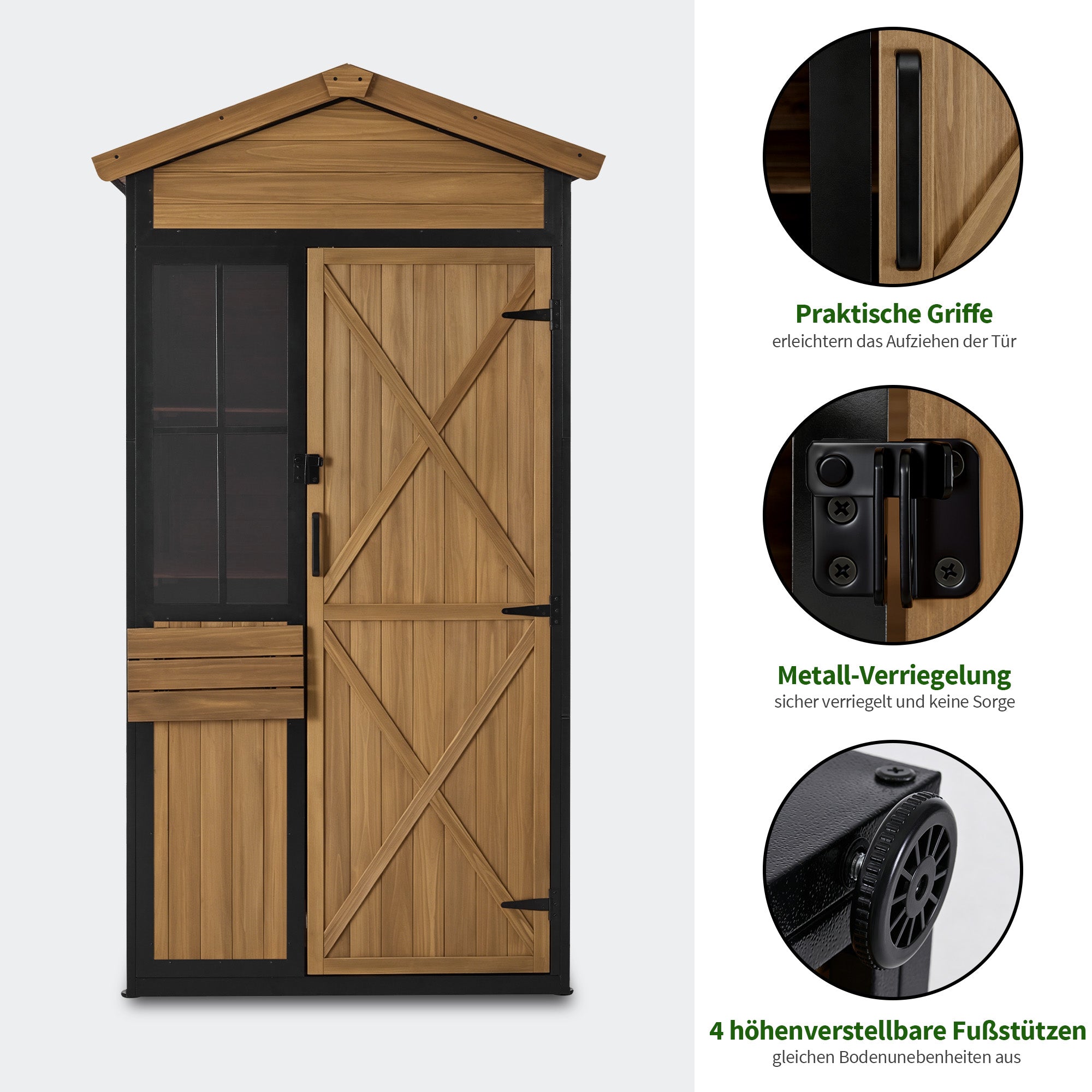 M MCombo Gartenschrank van hout met metalen frame en 3 planken, weerbestendige gereedschuur, tuinhuis voor buiten, waterdicht, opbergkast voor buiten, tuin & terras, 2750 (Natuurlijk)