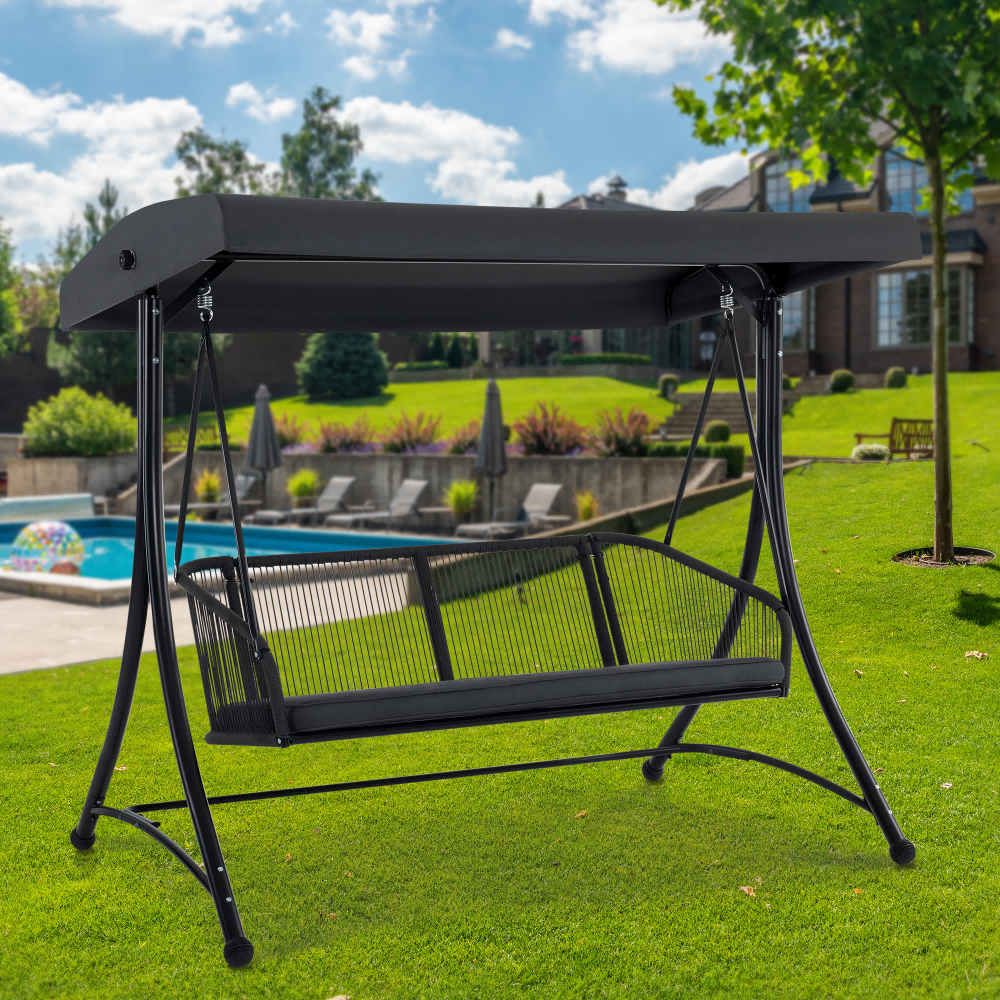 M MCombo Hollywoodschaukel 3-Sitzer, Gartenschaukel met Verstelbaar Zonnescherm, Schaukelbank Buiten, Tuinligstoel Weerbestendig, Zitkussen Afwasbaar 8026 (Donkergrijs)