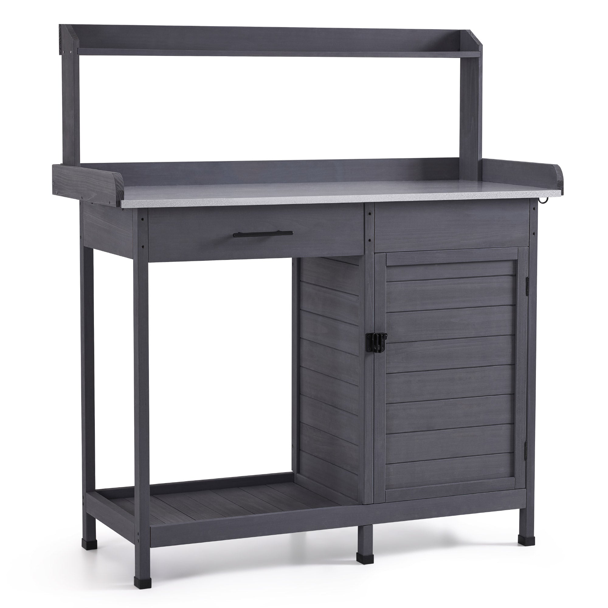 M MCombo Pflanztisch met lade, opbergruimte, verzinkte werkblad & kast, weerbestendige tuintafel met 3 haken, bloementafel van massief hout voor tuin, balkon & terras, 48 x 112 x 126 cm, 0440