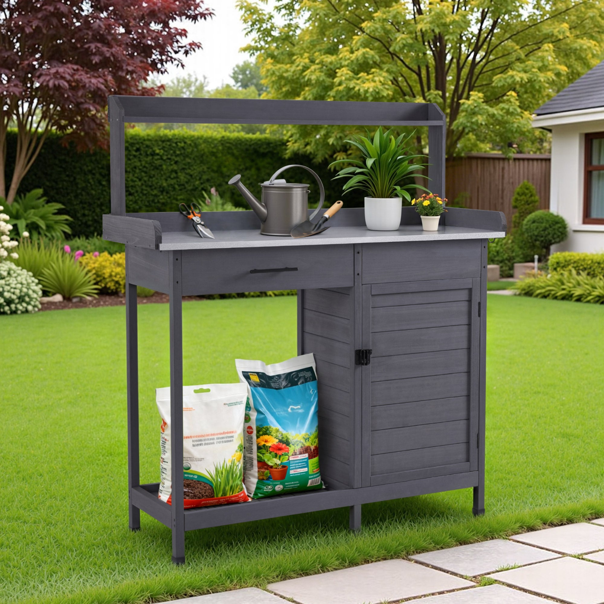 M MCombo Pflanztisch met lade, opbergruimte, verzinkte werkblad & kast, weerbestendige tuintafel met 3 haken, bloementafel van massief hout voor tuin, balkon & terras, 48 x 112 x 126 cm, 0440