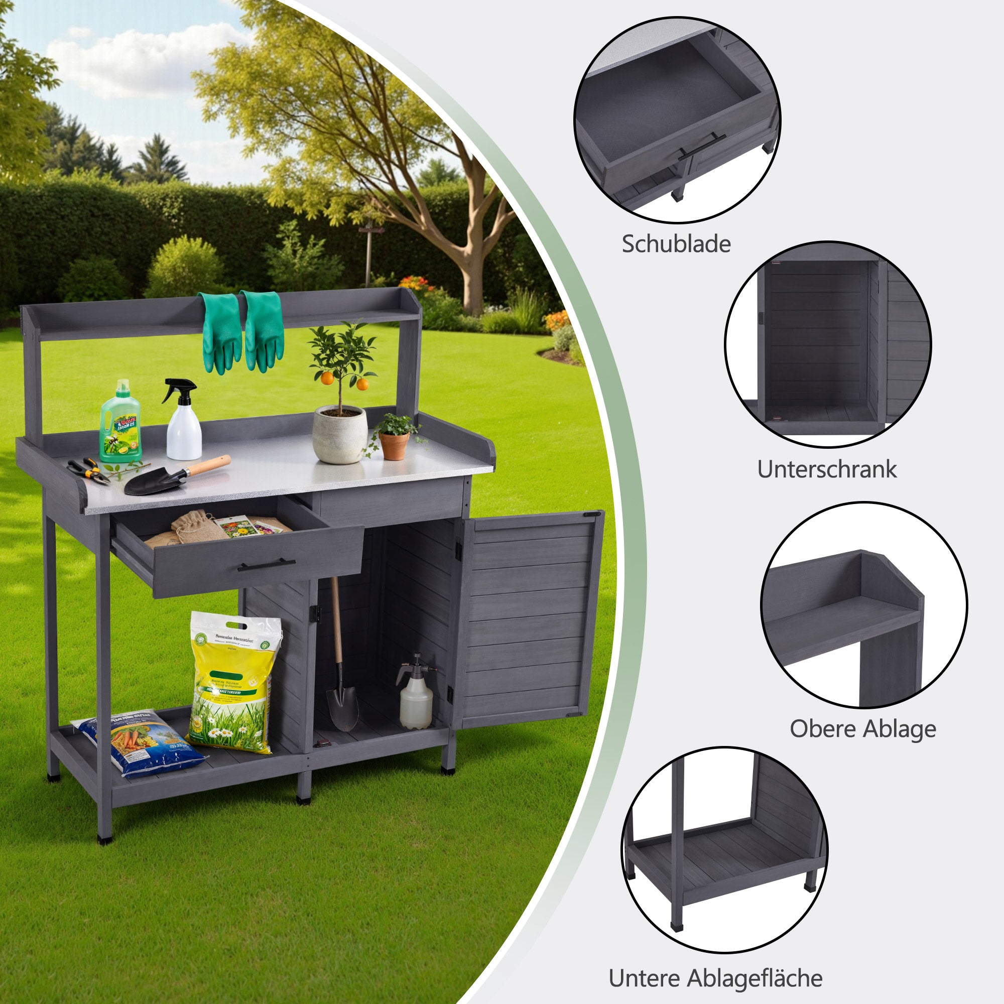 M MCombo Pflanztisch met lade, opbergruimte, verzinkte werkblad & kast, weerbestendige tuintafel met 3 haken, bloementafel van massief hout voor tuin, balkon & terras, 48 x 112 x 126 cm, 0440