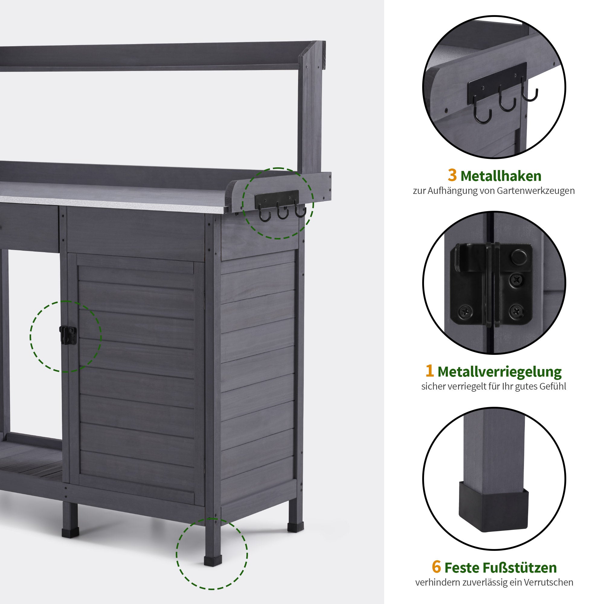 M MCombo Pflanztisch met lade, opbergruimte, verzinkte werkblad & kast, weerbestendige tuintafel met 3 haken, bloementafel van massief hout voor tuin, balkon & terras, 48 x 112 x 126 cm, 0440