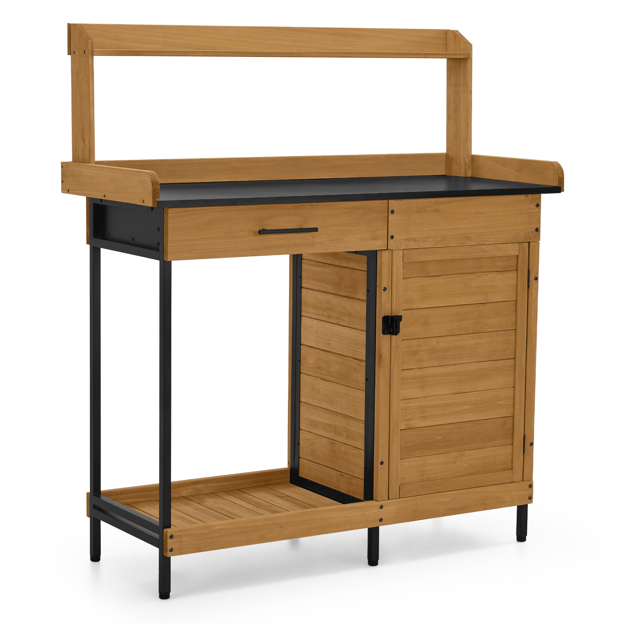 M MCombo Pflanztisch met lade, opbergruimte, verzinkte werkblad & kast, weerbestendige tuintafel met 3 haken, bloementafel van massief hout voor tuin, balkon & terras, 47 x 111 x 127 cm, 2049 (Natuur)