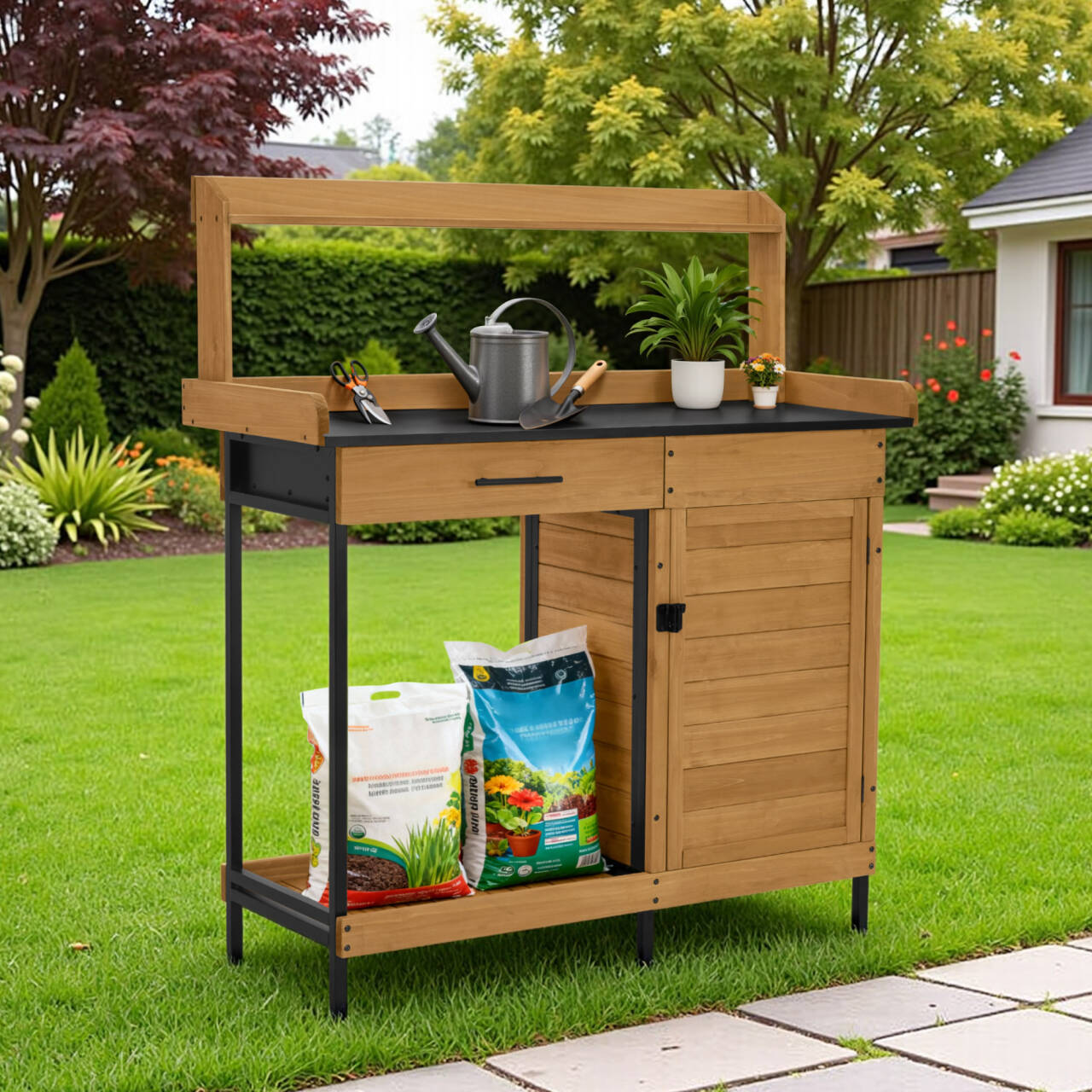 M MCombo Pflanztisch met lade, opbergruimte, verzinkte werkblad & kast, weerbestendige tuintafel met 3 haken, bloementafel van massief hout voor tuin, balkon & terras, 47 x 111 x 127 cm, 2049 (Natuur)