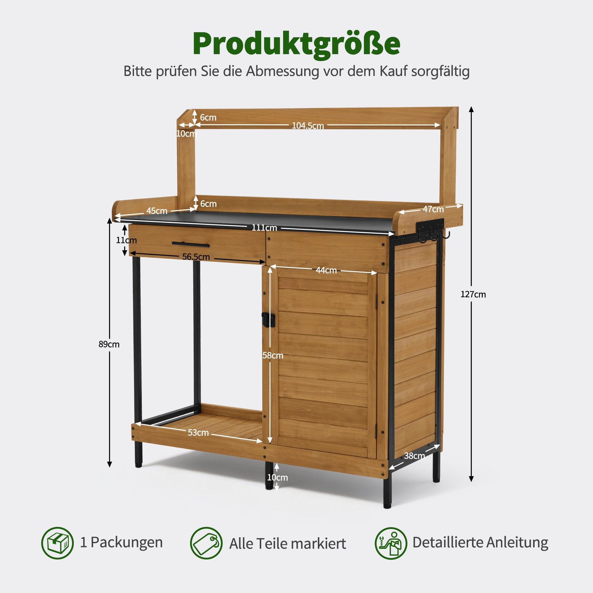 M MCombo Pflanztisch met lade, opbergruimte, verzinkte werkblad & kast, weerbestendige tuintafel met 3 haken, bloementafel van massief hout voor tuin, balkon & terras, 47 x 111 x 127 cm, 2049 (Natuur)