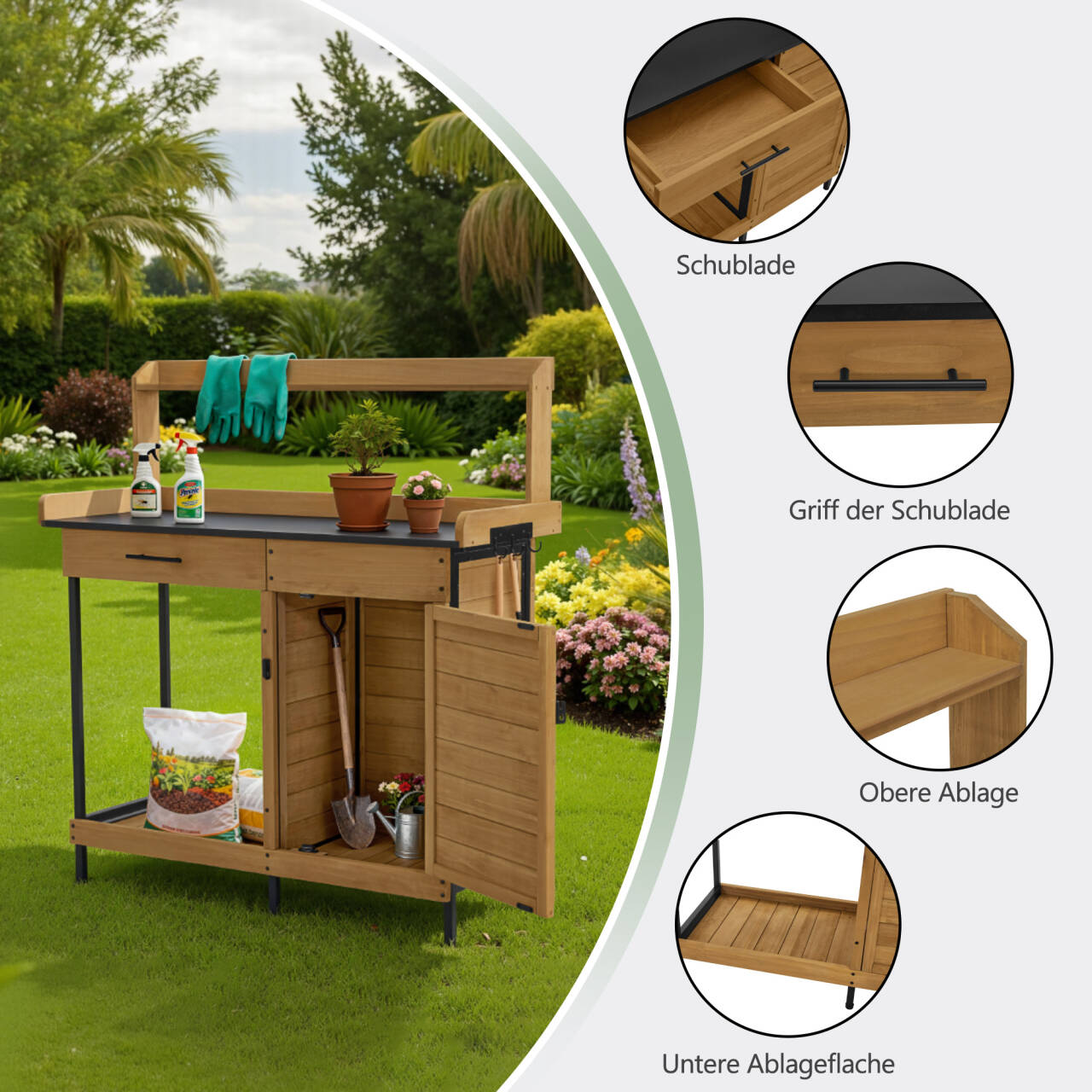 M MCombo Pflanztisch met lade, opbergruimte, verzinkte werkblad & kast, weerbestendige tuintafel met 3 haken, bloementafel van massief hout voor tuin, balkon & terras, 47 x 111 x 127 cm, 2049 (Natuur)