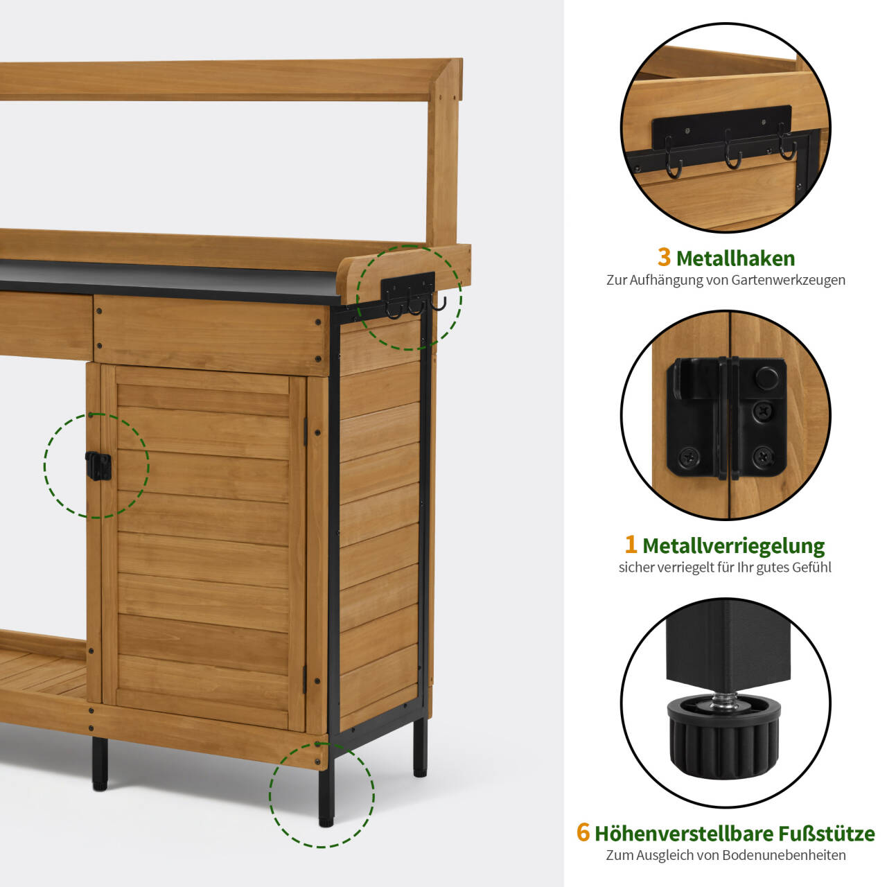 M MCombo Pflanztisch met lade, opbergruimte, verzinkte werkblad & kast, weerbestendige tuintafel met 3 haken, bloementafel van massief hout voor tuin, balkon & terras, 47 x 111 x 127 cm, 2049 (Natuur)