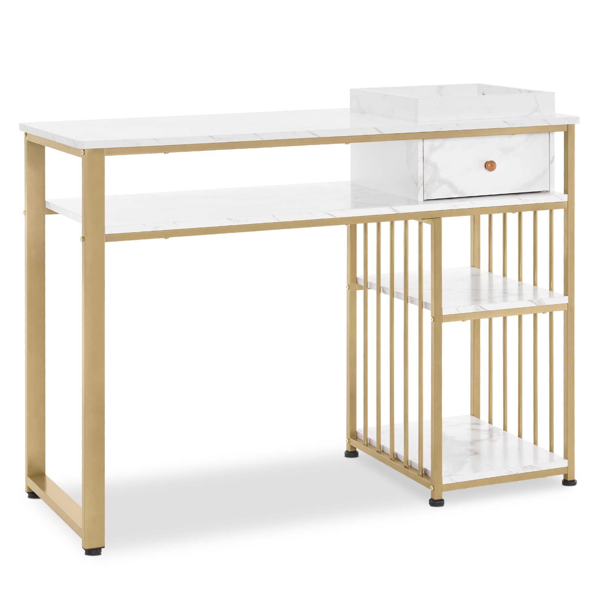M MCombo Bureau met lades, Nageltafel met rek, Manicure tafel van hout met metalen frame, Make-up tafel zonder spiegel woonkamer Modern, Marmer-Wit Goud, 45 x 110 x 80.5cm, 2498