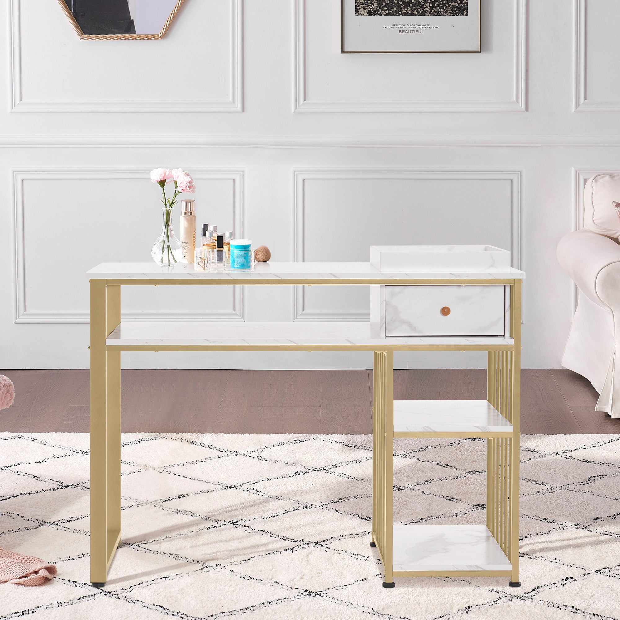 M MCombo Bureau met lades, Nageltafel met rek, Manicure tafel van hout met metalen frame, Make-up tafel zonder spiegel woonkamer Modern, Marmer-Wit Goud, 45 x 110 x 80.5cm, 2498