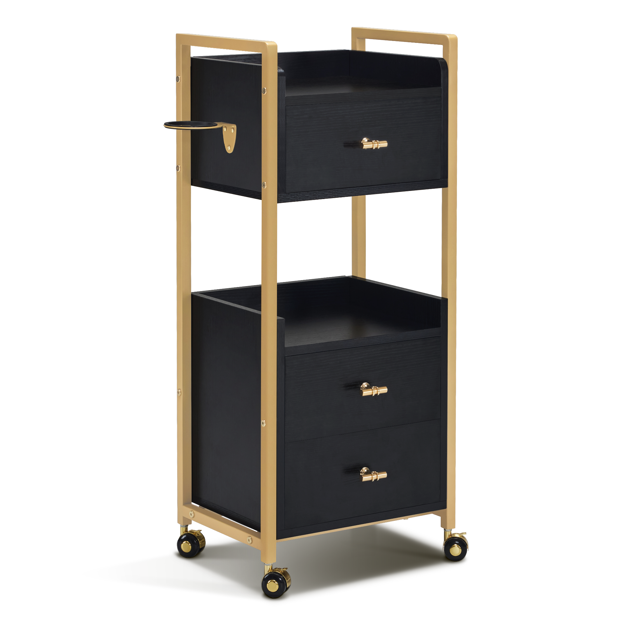 MCombo Carrello di servizio con ruote e 3 cassetti, carrello da parrucchiere, carrello da salone con 2 ripiani e supporto per asciugacapelli, carrello da lavoro moderno per bagno e soggiorno, 30x40x95 cm, 0022