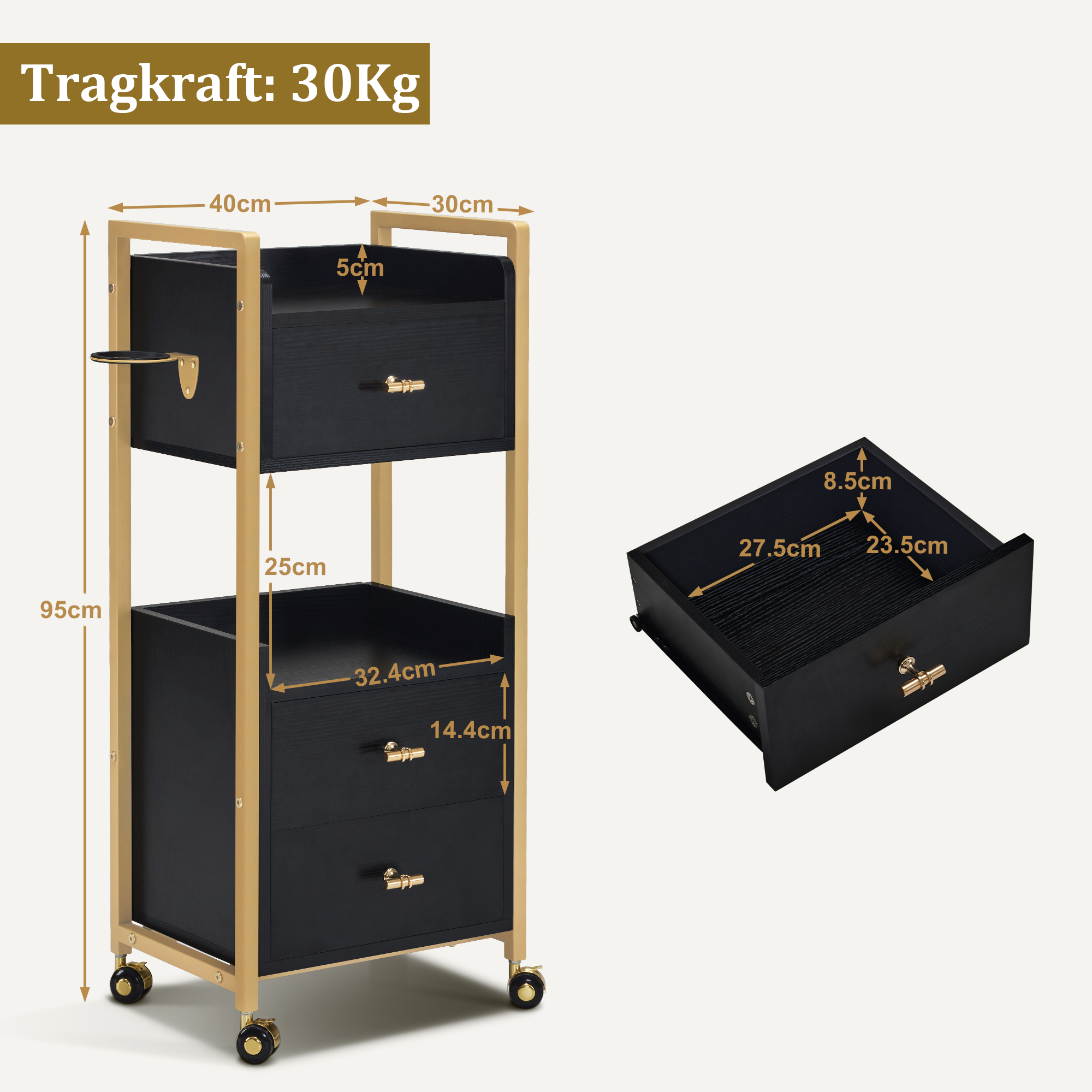 MCombo Carrello di servizio con ruote e 3 cassetti, carrello da parrucchiere, carrello da salone con 2 ripiani e supporto per asciugacapelli, carrello da lavoro moderno per bagno e soggiorno, 30x40x95 cm, 0022