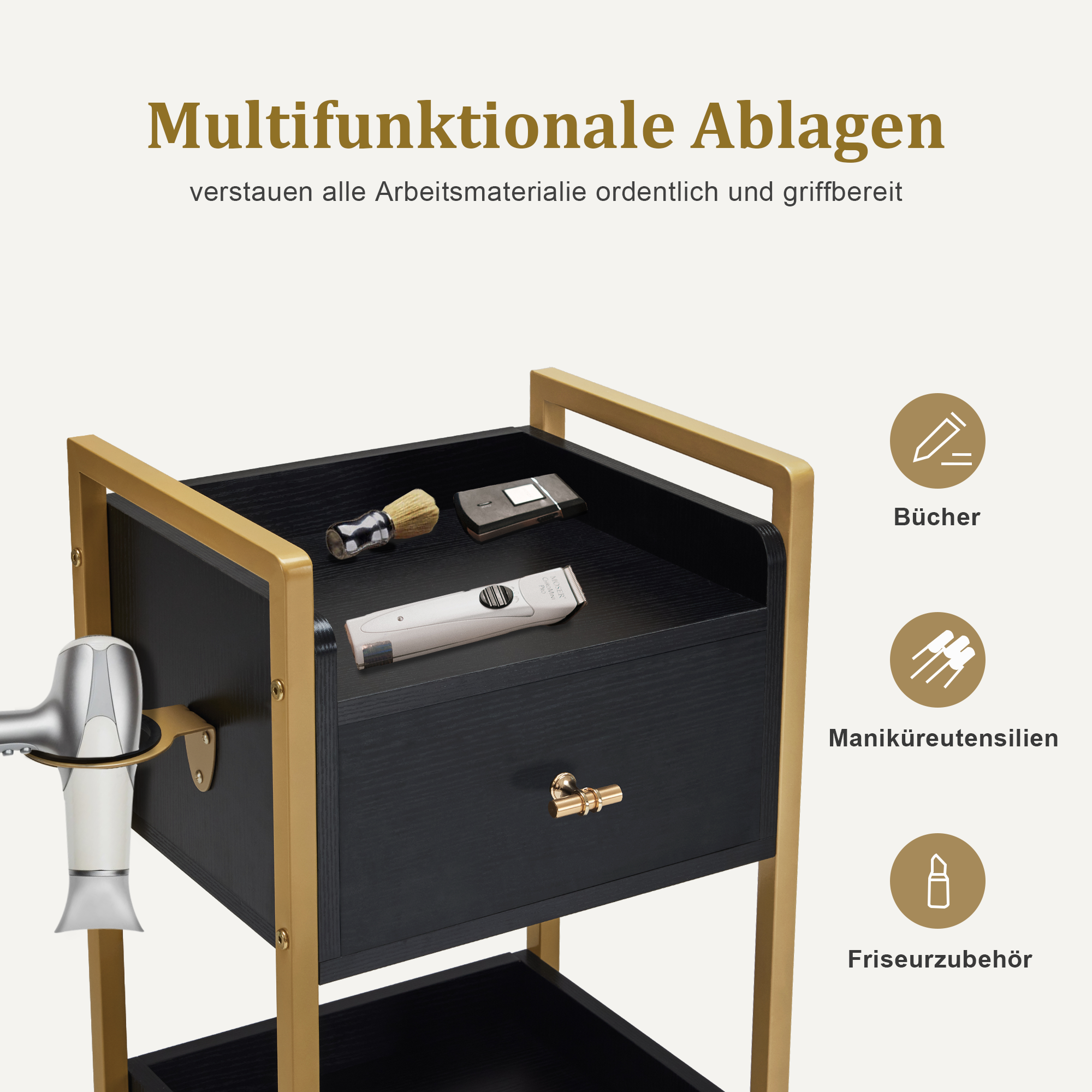 MCombo Carrello di servizio con ruote e 3 cassetti, carrello da parrucchiere, carrello da salone con 2 ripiani e supporto per asciugacapelli, carrello da lavoro moderno per bagno e soggiorno, 30x40x95 cm, 0022