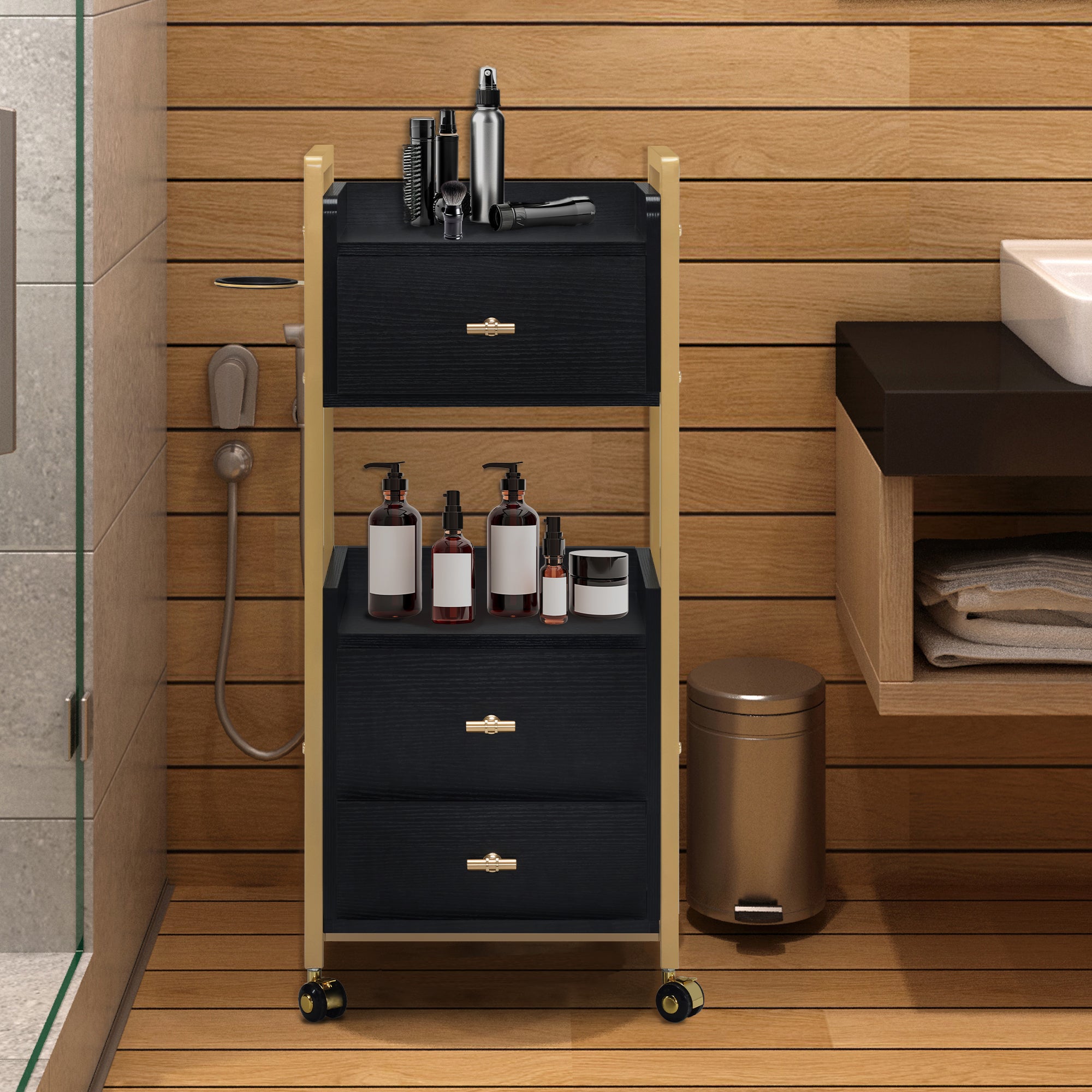 MCombo Carrello di servizio con ruote e 3 cassetti, carrello da parrucchiere, carrello da salone con 2 ripiani e supporto per asciugacapelli, carrello da lavoro moderno per bagno e soggiorno, 30x40x95 cm, 0022